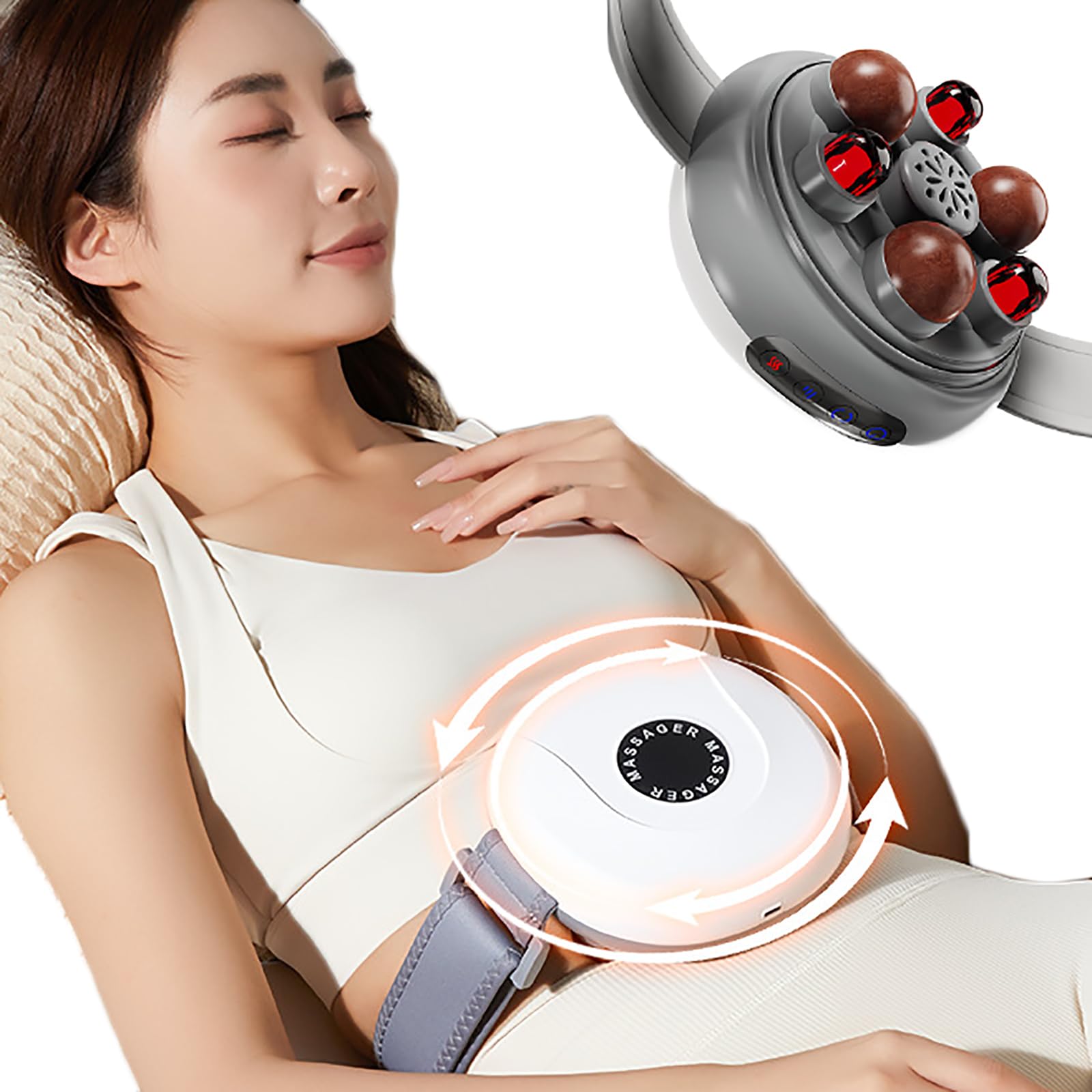 CHANGLKJ Cordless Stomach Massager, Electric Abdominal Massager with Hot Compress Function, Clockwise/Counterclockwise Kneading and 3 Levels Intensity Adjustable, for Discomfort, Promote Metabolism