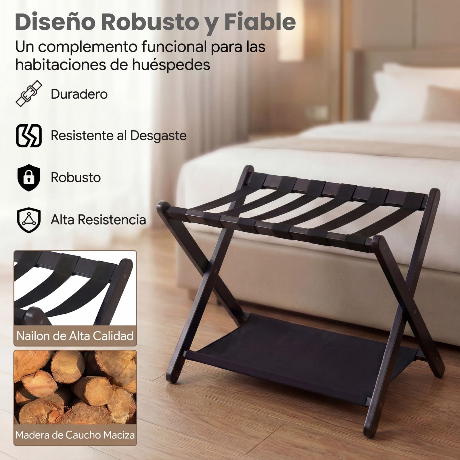 GYMAX Portaequipajes Plegable, Soporte para Maletas de Madera de Caucho Maciza con 2 Niveles de Almacenamiento, Estantes de Nailon, para Habitación de Invitados, Dormitorio, 67 x 46 x 52 cm (Negro)