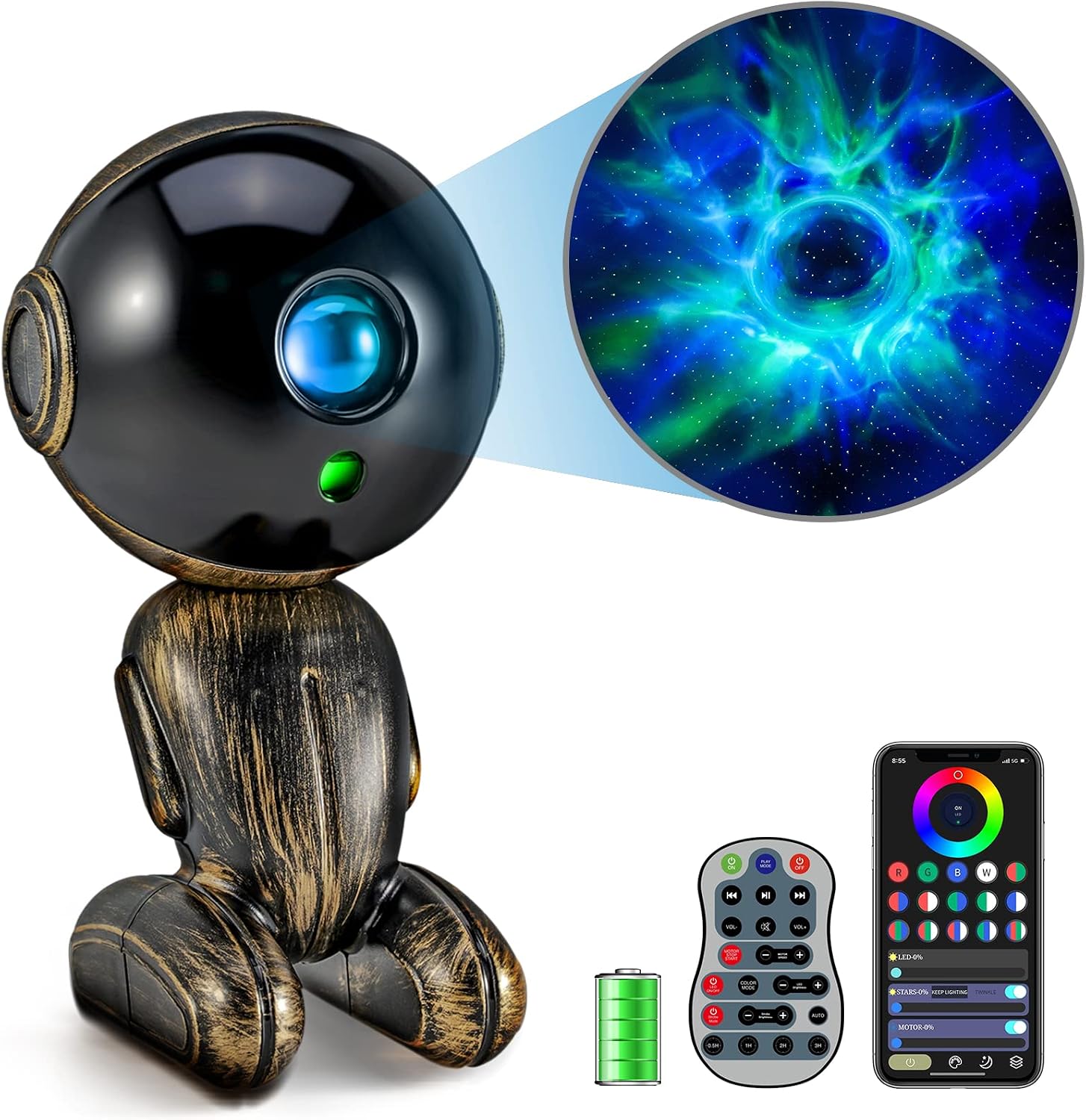 Robot Black Hole Galaxy Projector, Astronaut Star Projector Night Lights Exquisite Ornaments, White Noise Machine Music Speaker Control for Bedroom Ceiling Room Decor Birthday Gift for Kid Adult Relax