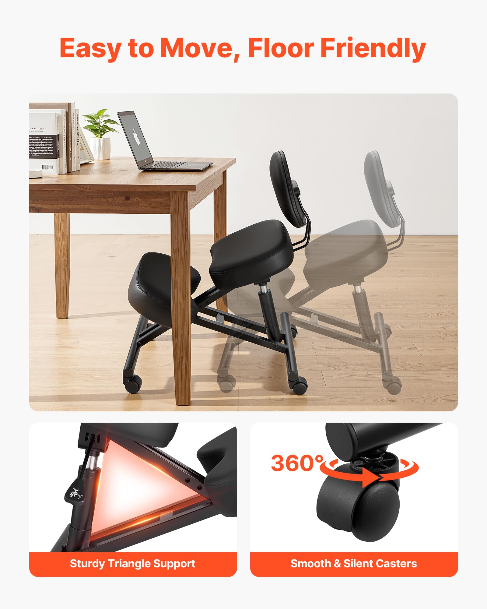 VEVOR Ergonomischer Kniestuhl mit Rollen & Rückenlehne, Höhenverstellbarer Kniehocker in X-Form mit Dicken Schaumstoffpolstern, zur Entlastung von Nacken & Rücken, für Zuhause, Büro & Meditation