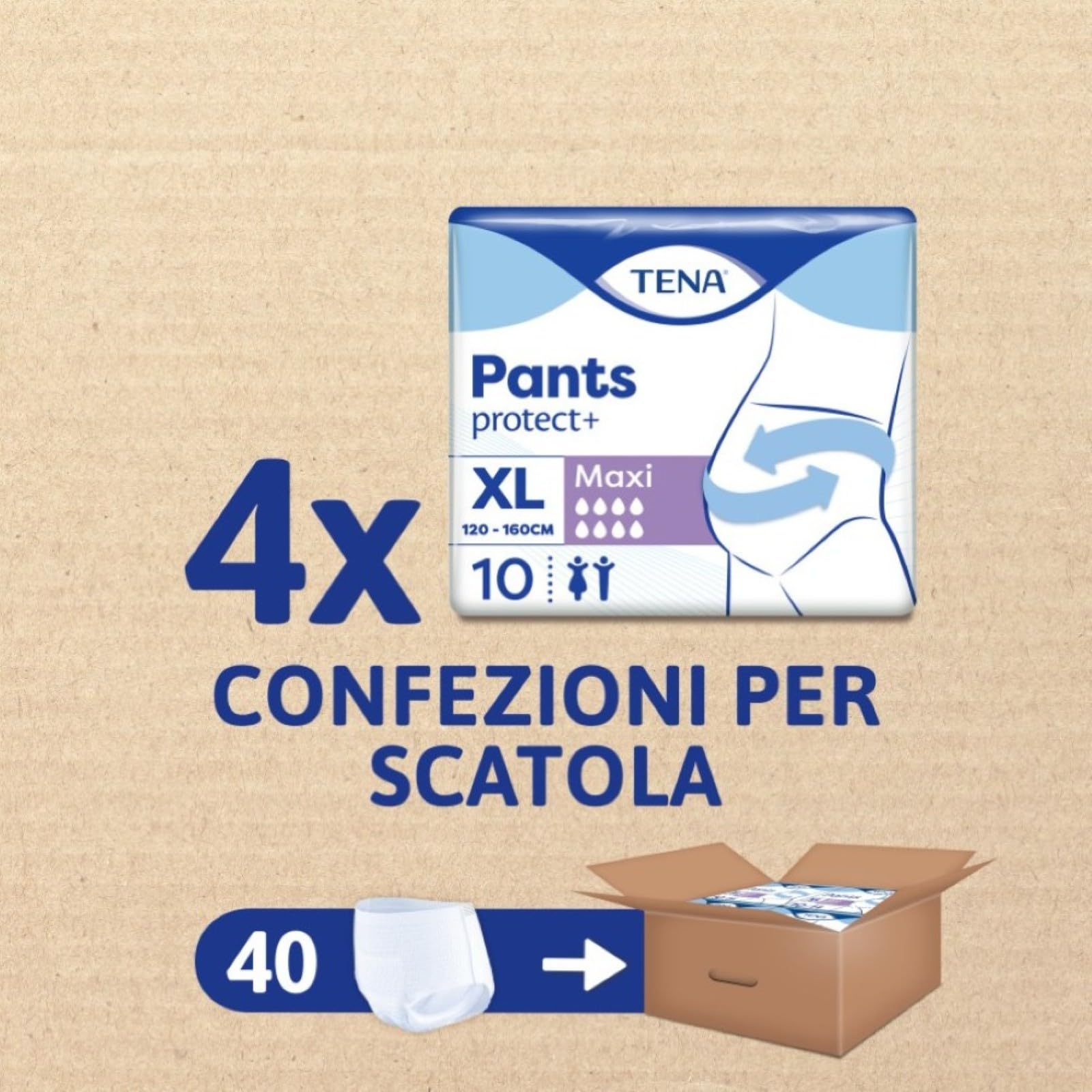 TENA Pants Maxi Extra Large (XL) Pacco Scorta Mensile, Mutandine Assorbenti, Elasticizzate e Monouso, Per Perdite Urinarie, Sia Per Lei Che Per Lui, Discrete e Confortevoli, 4 Confezioni x 10 Pezzi