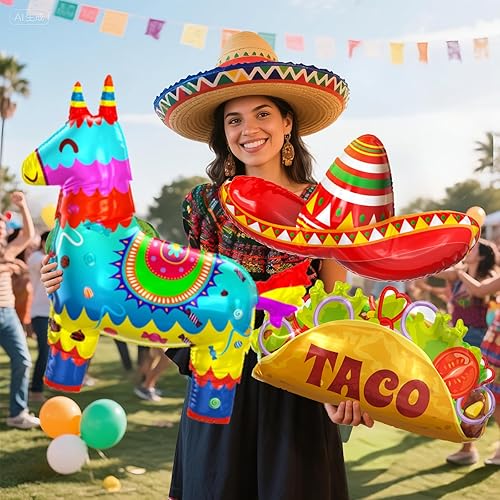 Miniatura 4 de Winrayk Kit de arco de guirnalda de globos de fiesta del Cinco de Mayo, decoración de fiesta mexicana, sombrero de taco, llama, globos de papel de