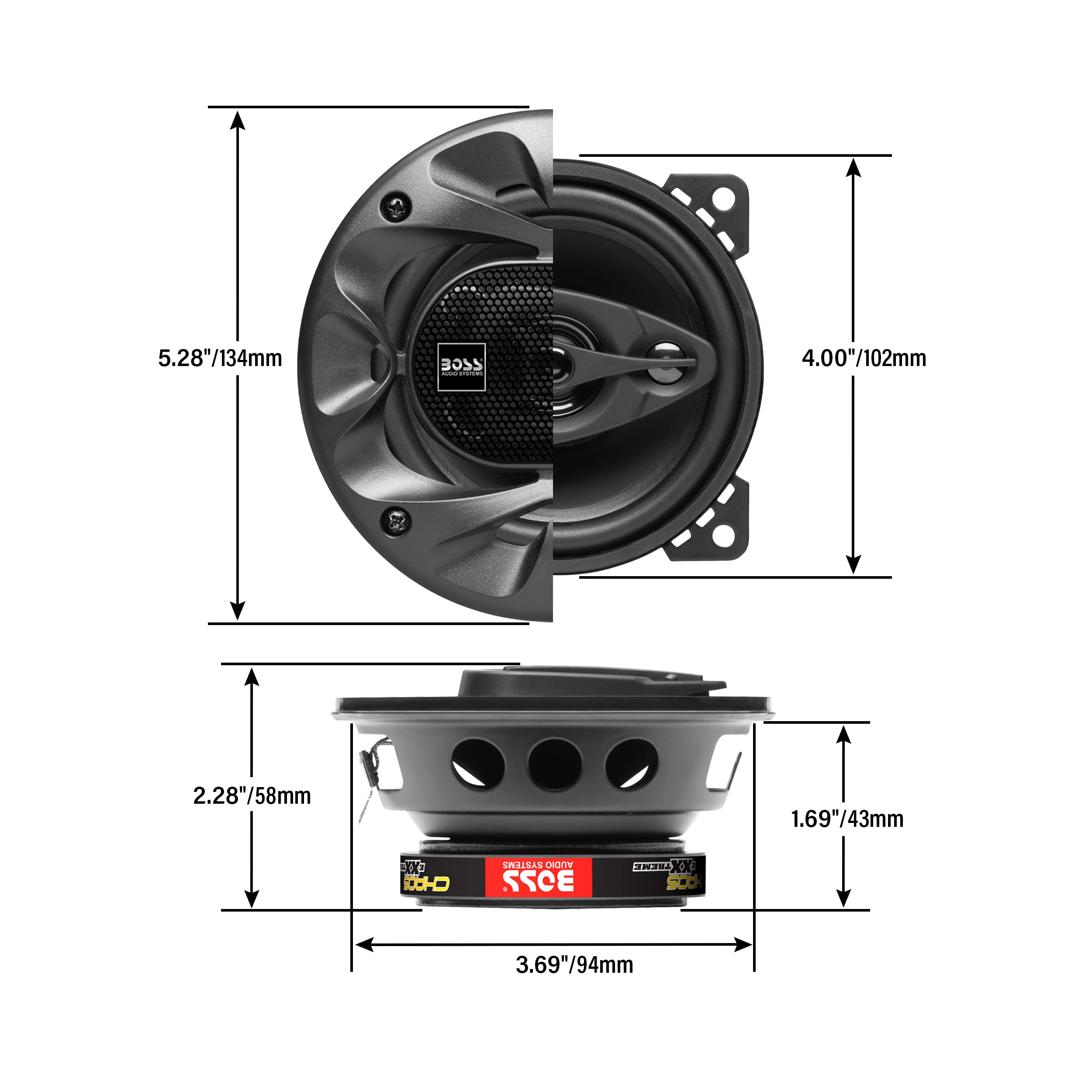 Boss Audio 2 Systems CH4230B Haut-parleurs coaxiaux Noirs 10 cm 4" 3 Voies 112,5 Watts rms et 225 Watts Max impédance 4 ohms Portes de Voiture, Suspension en Gomme, la Paire