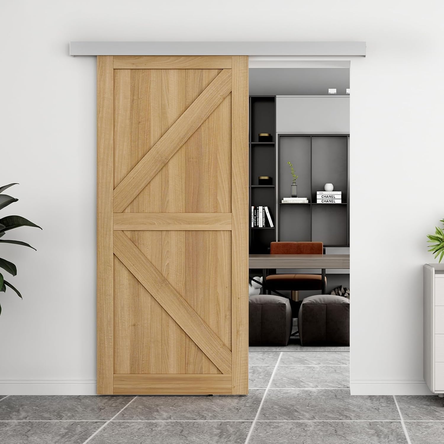 JUBEST 214cm Barn Door Hardware Kit, Aluminium Alloy Box Rail Hidden Sliding Door Hardware for Classic Modern Interior Single Wooden Door,Low Clearance, Silver Colour
