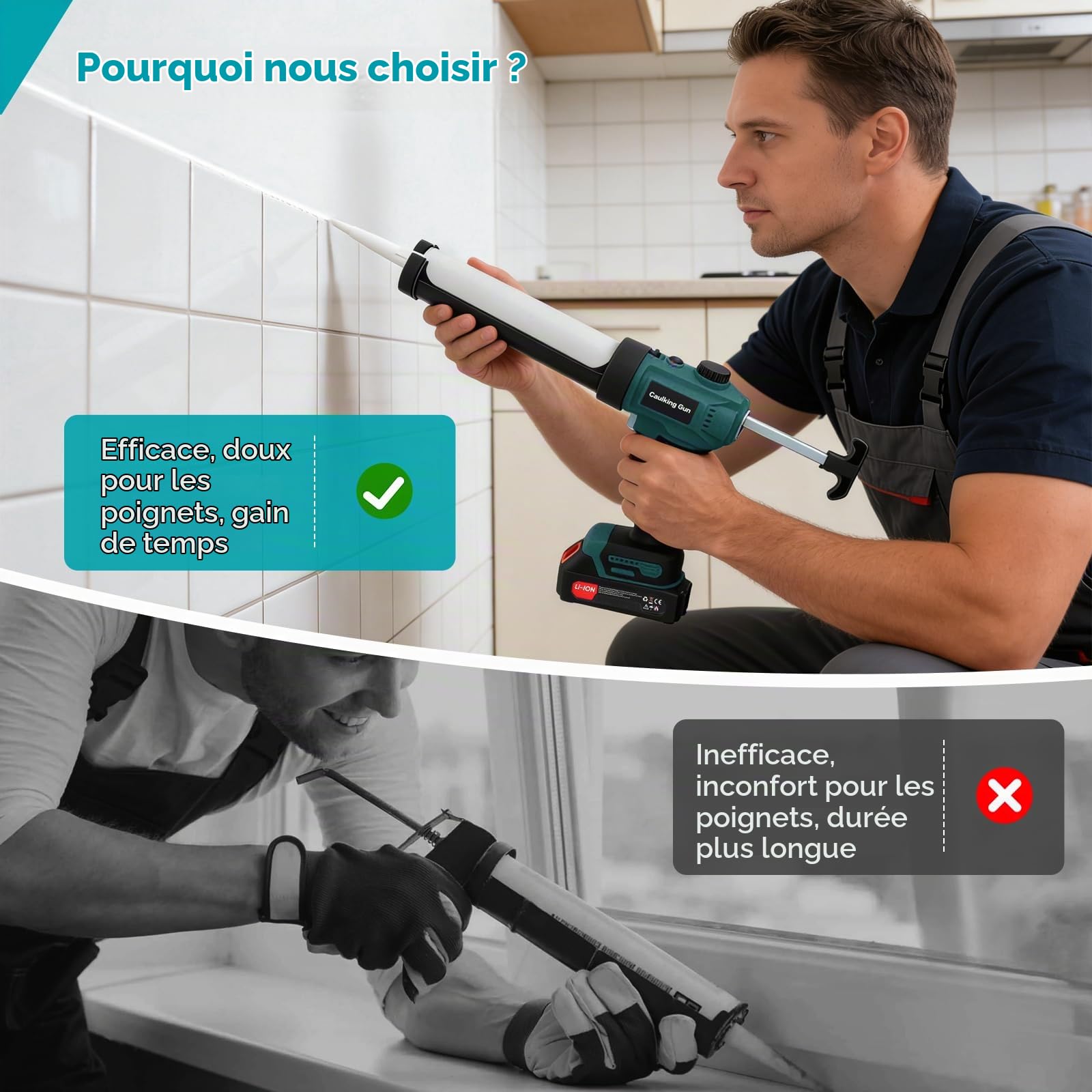 Pistolet à Silicone Électrique avec 2 x 2000 mAh Batterie, Pistolet à Cartouche sans Fil de 300 ml, Lumière LED, Compatible avec Ma@kita Batteries 18V pour l’Étanchéité, le Masticage