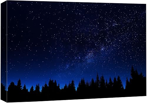 wall26 - Cuadro en lienzo para pared noche azul estrellada sobre silueta de bosque oscuro naturaleza arte digital moderno paisaje relajado y