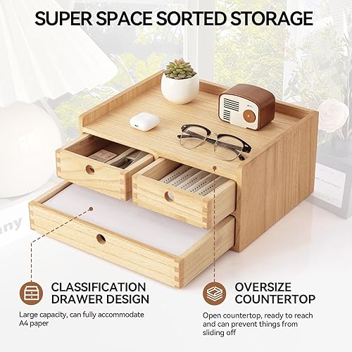 Miniatura 4 de KIRIGEN Estante organizador de madera con 3 cajones para decoración del hogar, suministros de oficina, gabinete de escritorio para organizador de