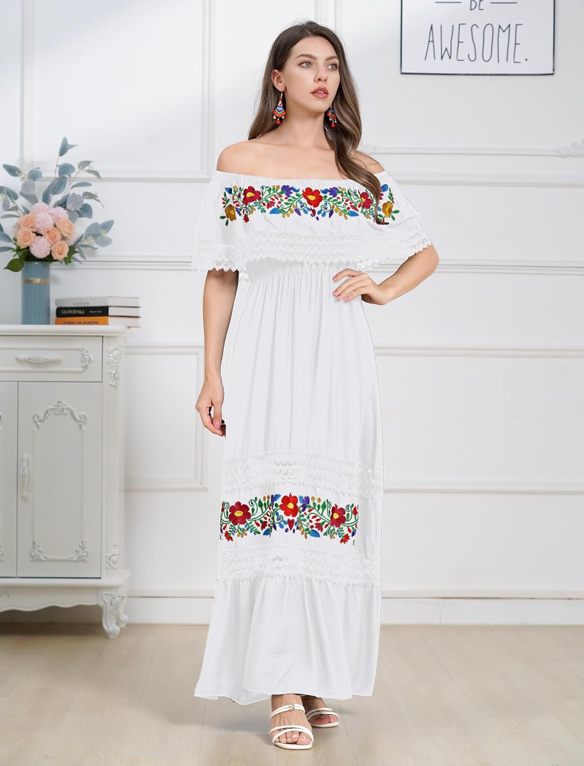 Mexican Dress for Women Traditional Off Shoulder Embroidered Present Casual Lace Long Maxi Dress Cinco de Mayo Outfit - Image 2