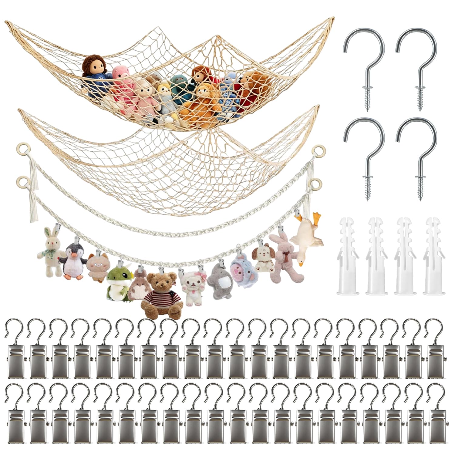 4 Pieces 2M Rangement Peluche Filet Tressé Bohème pour Jouets avec 2 Cordon de Suspension et 2 Hamac de Rangement avec 40 Pinces 4 Vis à Tête pour Rangement Maison