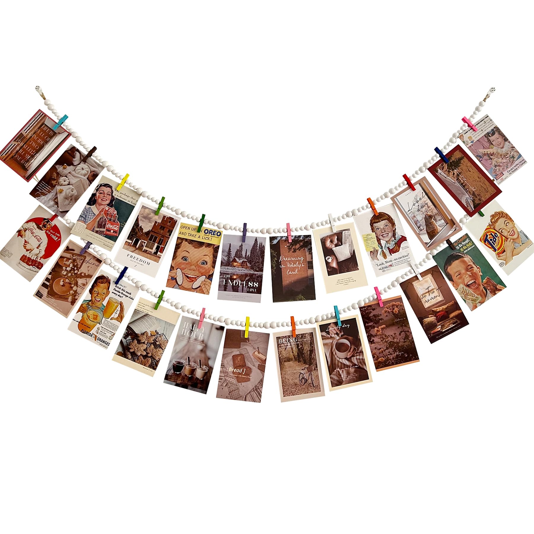 JiTiMi Hanging Photo Display with 12 Clips, 2pcs Wooden Bead Garland, Boho Style Collage Photo Frame Decoration for Dorms, Classrooms, Bedrooms?White?