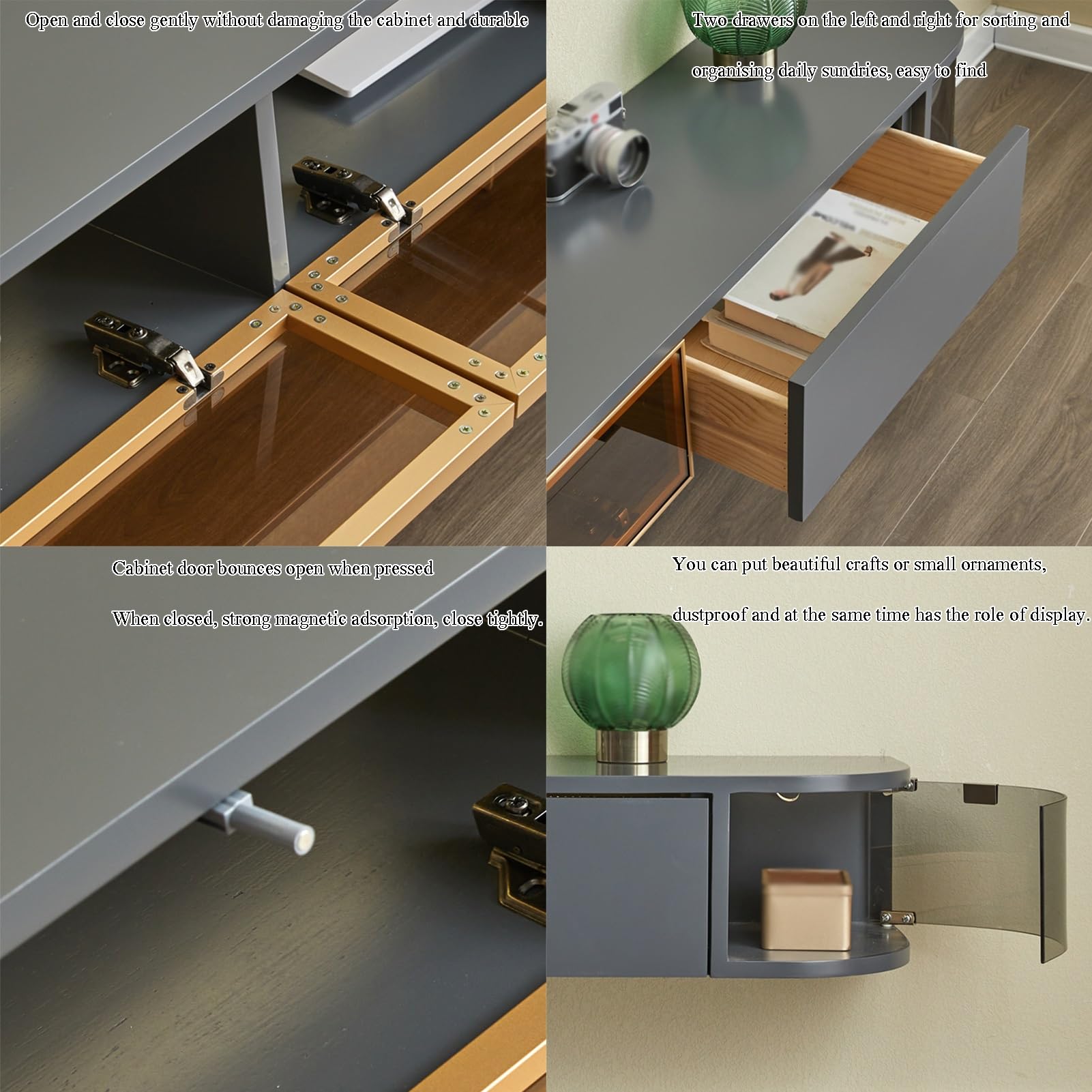 Mobile TV sospeso da parete, console multimediale minimalista con ampio spazio per soggiorno e camera da letto, elegante design grigio, soluzione salvaspazio da 200 cm