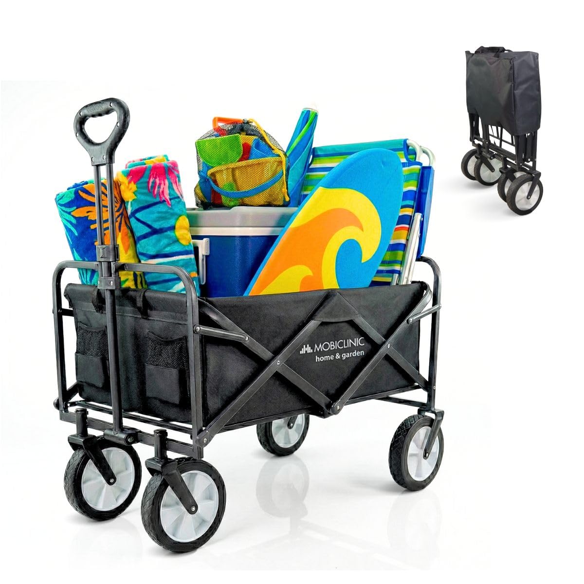 Mobiclinic®, Składany wózek transportowy, Na plażę i do ogrodu, Duna pro, Regulowana rączka, 360º terenowe koł, Nośność 100 kg, 85x54, 5x58, 5cm, Wodoodporny, Stal, Pcv, Czarny