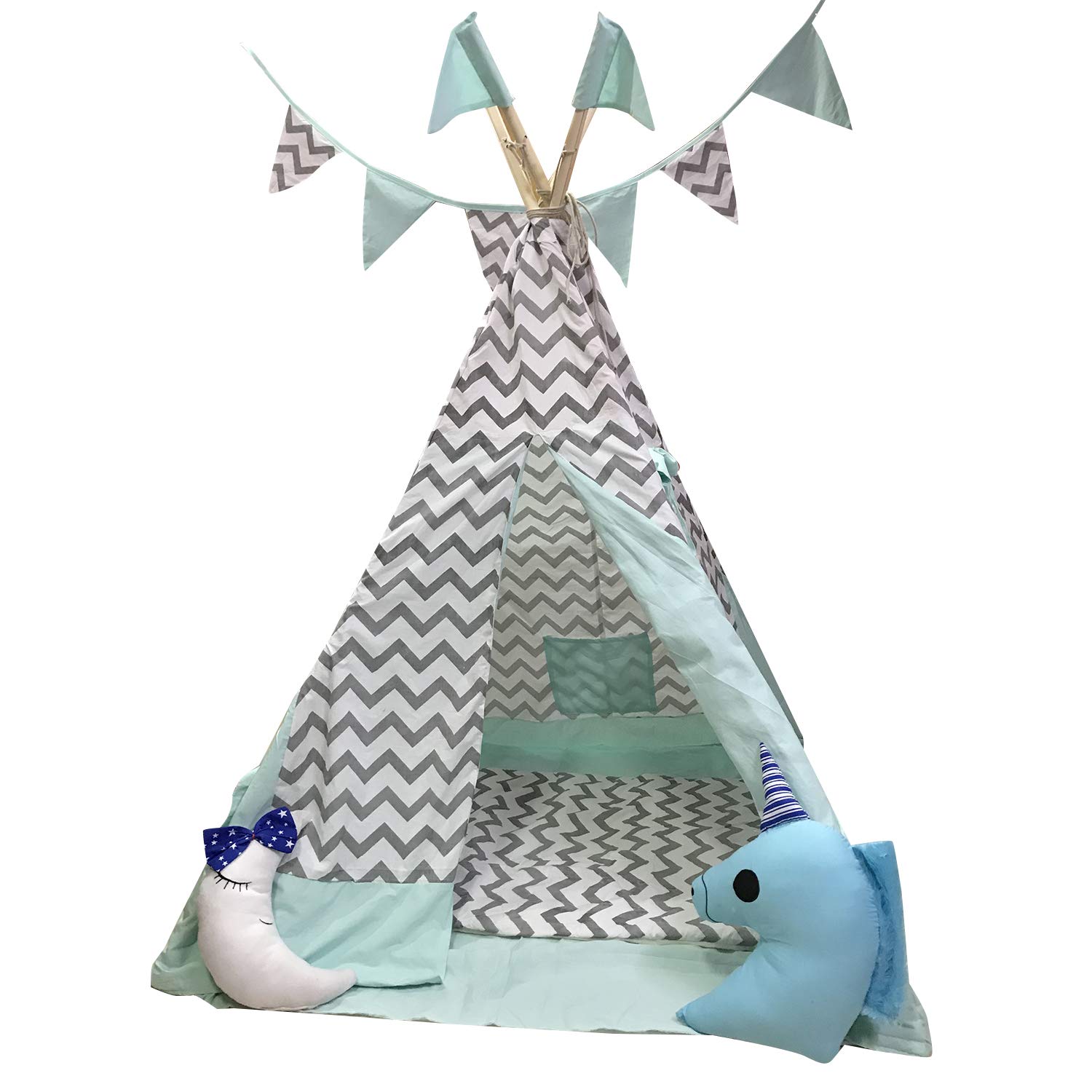 Tent House for Kids Cotton Play Tent House with 2 Baby Plush Pillows for 2 Yrs and Above Kids (Bluish Green) -100 x 100 x 150 cm
