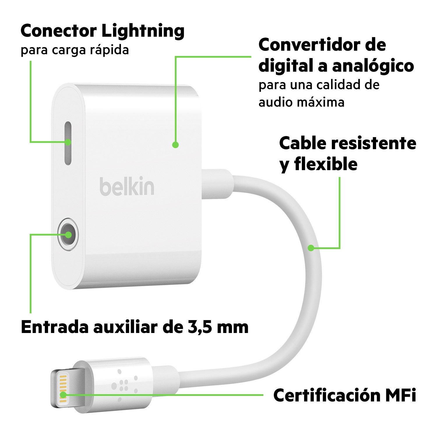 Belkin Audio + Charge Rockstar (adaptador auxiliar para iPhone/adaptador de carga para iPhone), color blanco