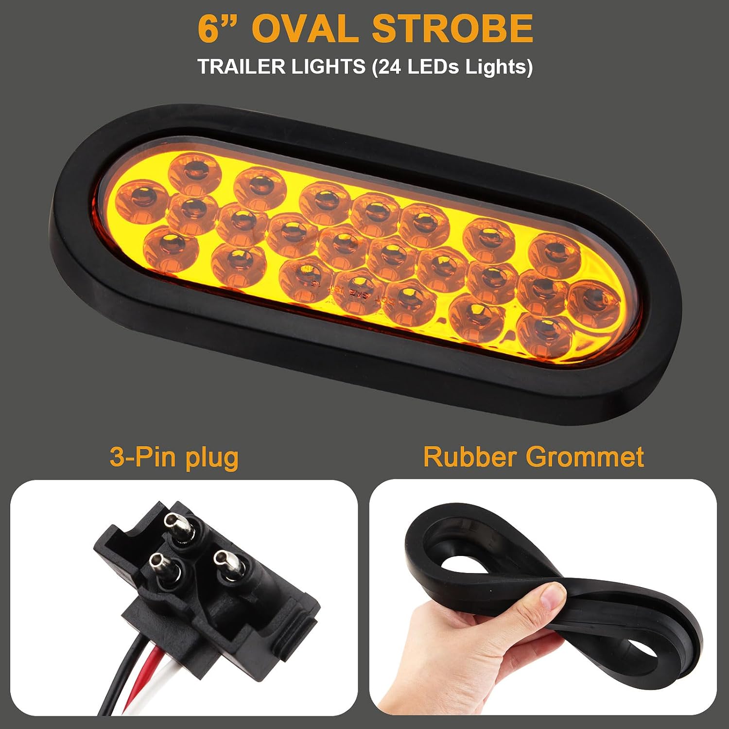 6PCS 6 inch Oval led Amber Strobe 24 LED Trailer Tail Lights Amber Strobe Stop Turn Tail Truck Light Brake Lights with Rubber Grommet 3-Prong Wire Pigtails