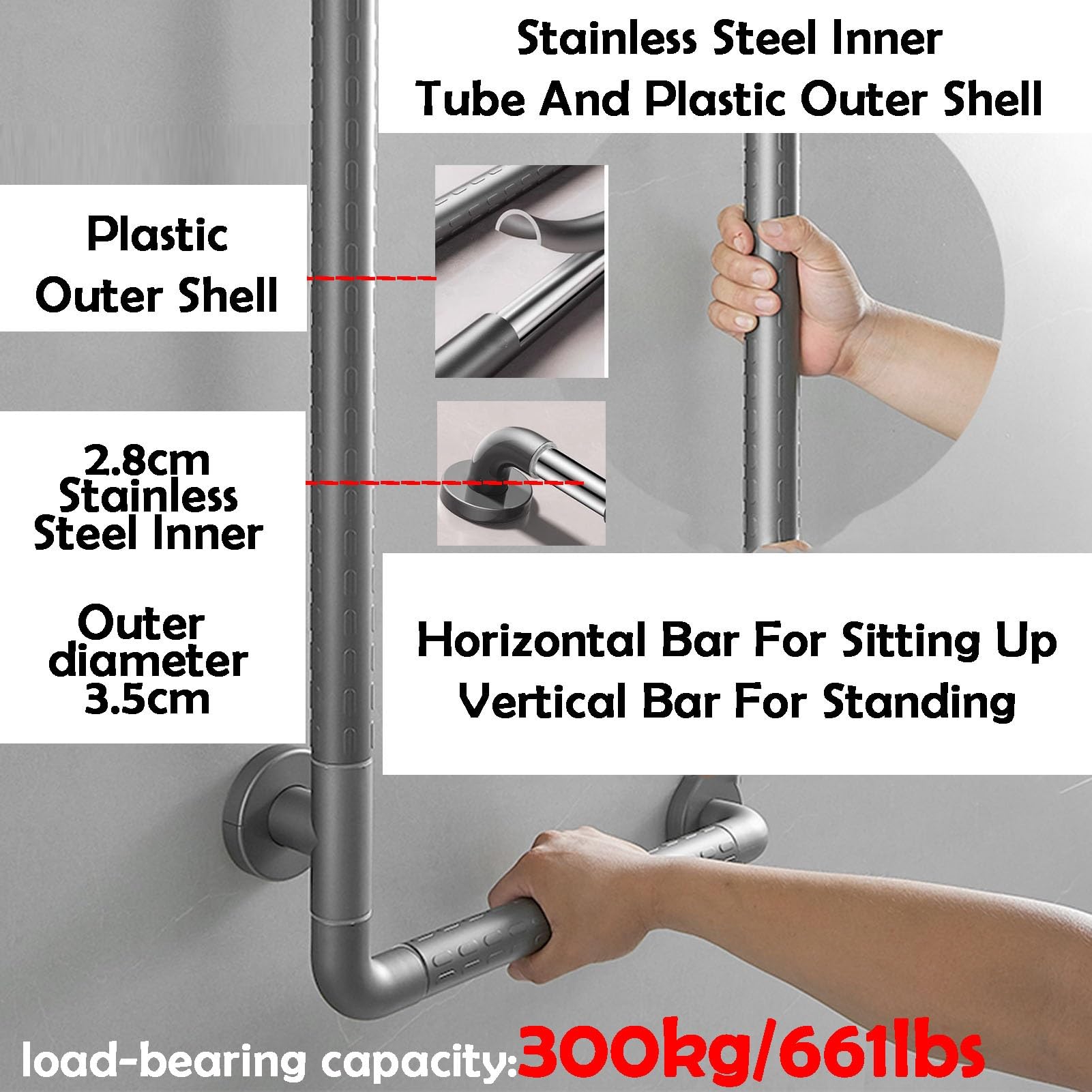 Barras De Apoyo For Bañeras Y Duchas, Pueden Soportar Un Peso 300 Kg/661 Libras, Pasamanos Baño En Forma L For Personas Mayores(40x60cm)