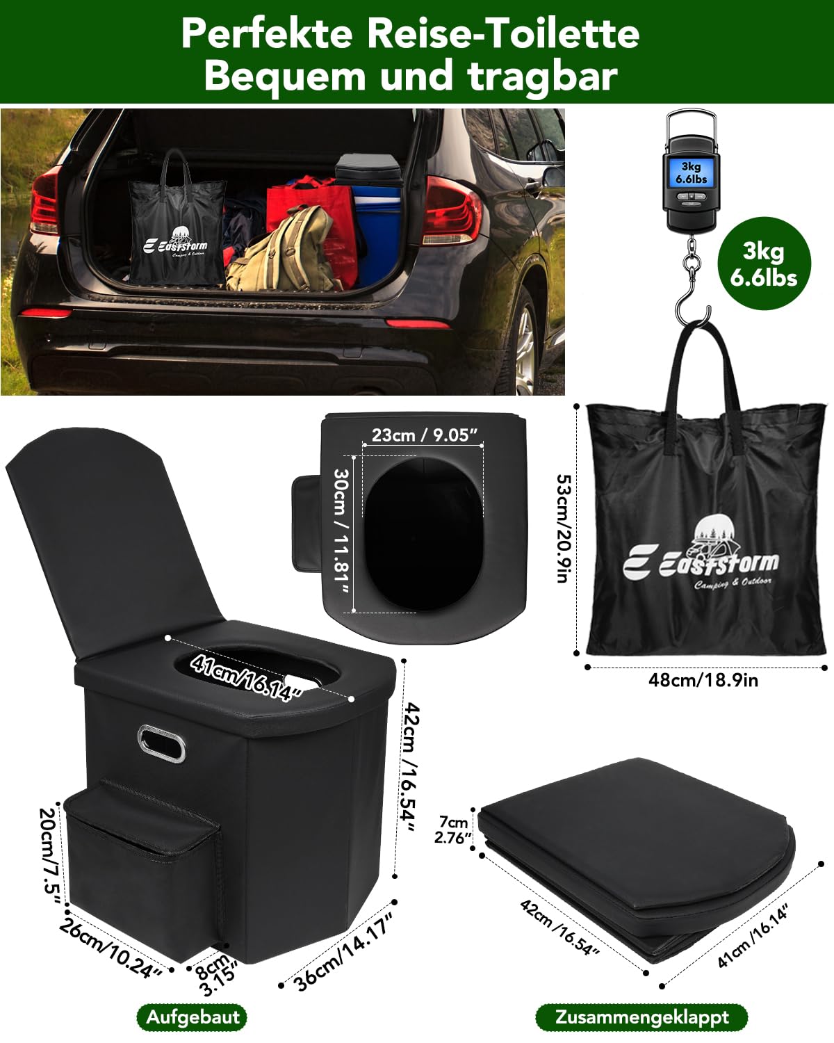 E EASTSTORM Faltbare Campingtoilette XXL mit Beutel & Seitentasche