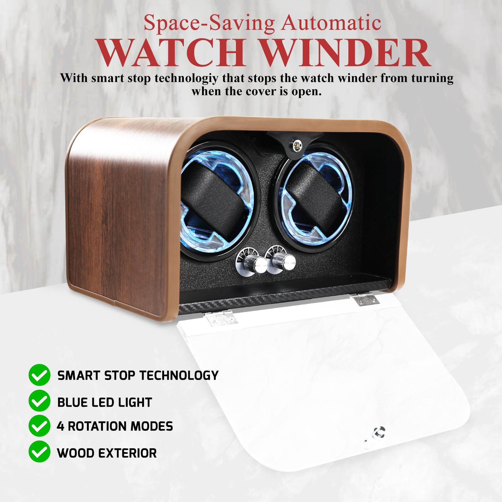 Remontoir Automatique pour Deux Montres Automatiques – 4 Modes de Rotation | Technologie Smart Stop, Écran LED Bleu, Mousse à Mémoire de Forme et Coffret en Bois pour Montres Automatiques de Luxe