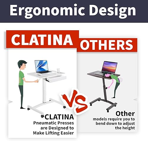 Miniatura 6 de CLATINA Escritorio móvil de pie para laptop, podio para profesores de altura ajustable con ruedas con bloqueo, mesa de trabajo ajustable con cajón,