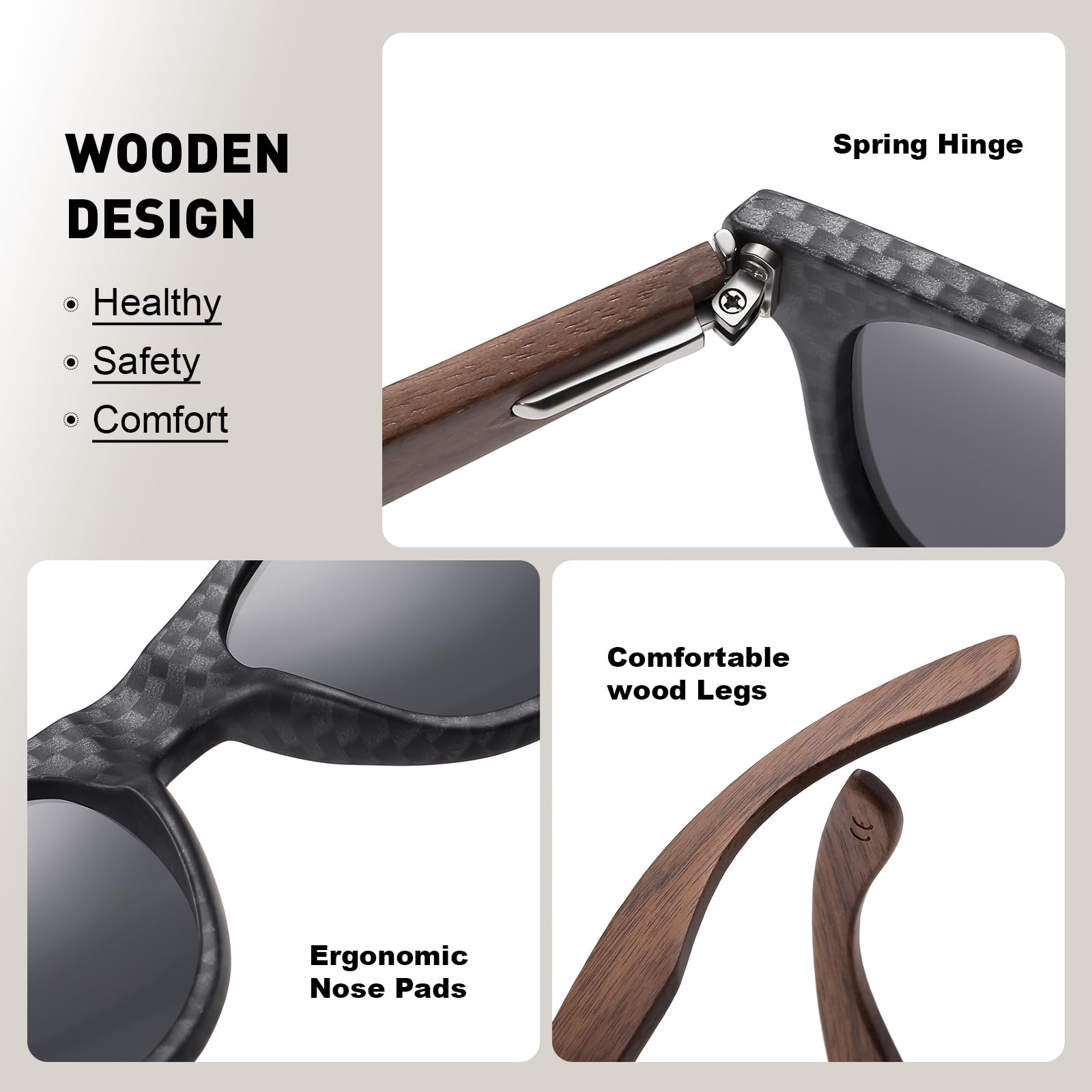 Schwarze Walnussholz, polarisierte Holz-Sonnenbrille für Damen und Herren, UV400-Schutz, Rahmen mit Kohlefaser-Muster