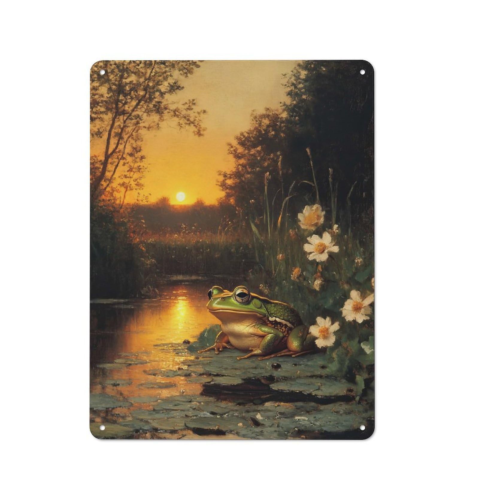 Tin Wall Plaque 40x30cm with Frog at Sunset for Guest Room Or Hallway, for Metal Sign Collectors, for Garage And Workshop Walls