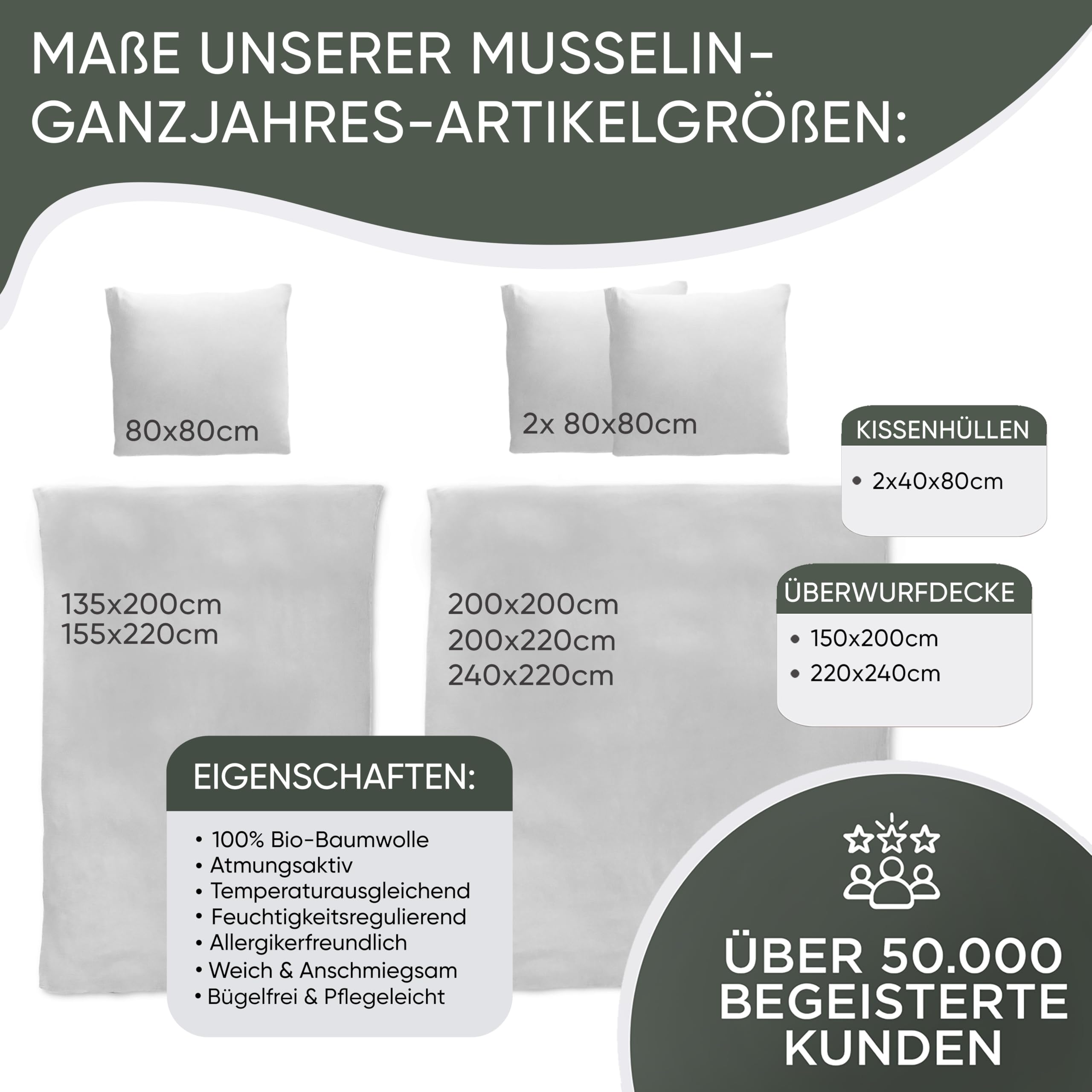 jilda-tex Bio-Bettwäsche Musselin Medina 100% Bio-Baumwolle Knitterlook Bügelfrei Uni Made in Green (Dunkelgrau, 135x200 + 80x80 cm)