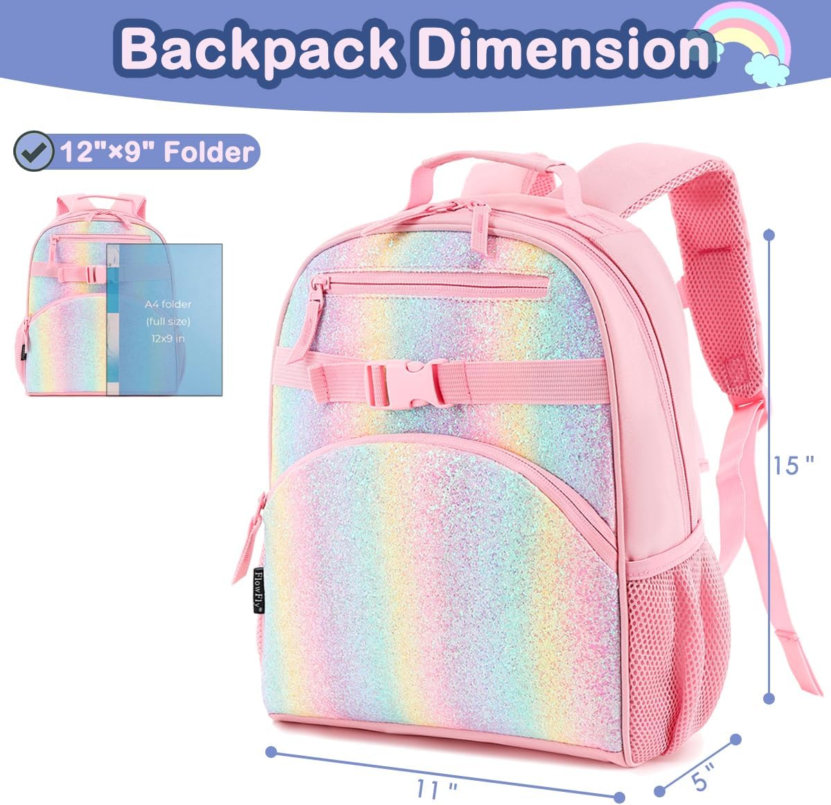 FlowFly Kids Backpack for Toddler Boys Girls, Simple Lightweight Bookbag for Daycare Kindergarten Elementary School Travel, Small Modern Bag (Medium 15'', Glitter-Rainbow) - Image 2