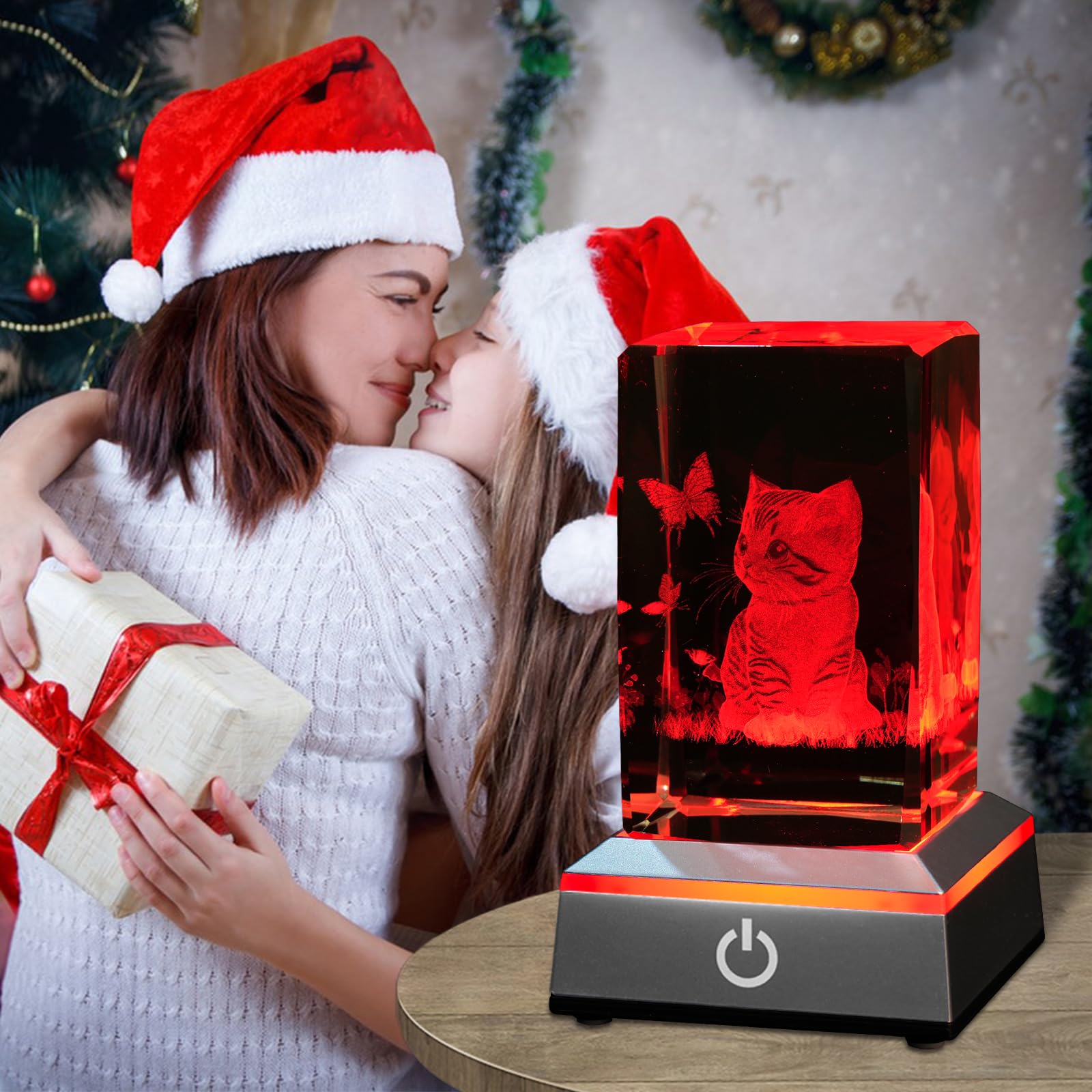 Luz nocturna de cristal 3D con base LED multicolor grabada con láser, regalo para mujeres, amantes de los gatos, cumpleaños, Navidad, decoración de habitación