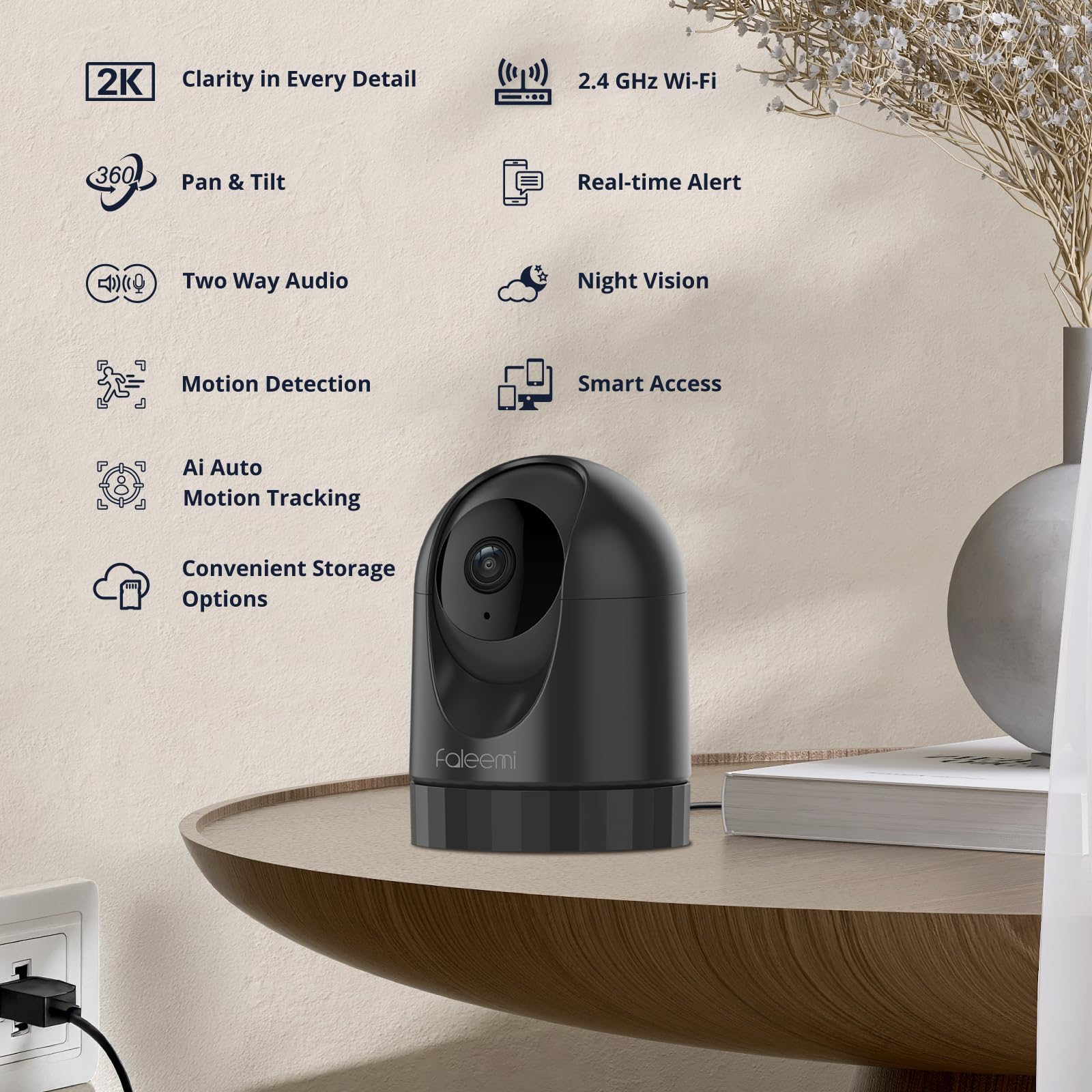 Cámara de seguridad WiFi para interiores 2K con detección de movimiento y seguimiento automático, visión nocturna, audio bidireccional, sirena, almacenamiento SD/nube (1, negro)