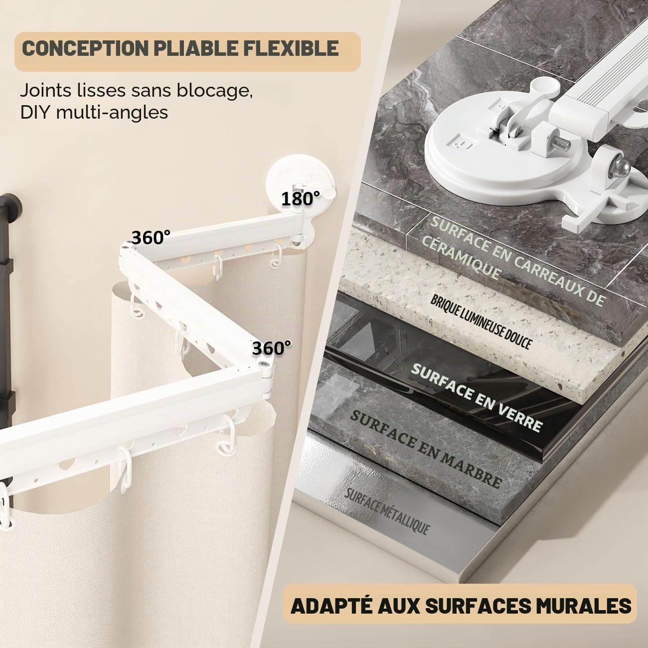 Tringle à rideau de douche pliable à fixation murale, sans perforation, ventouses à 360°, pour salle de bain, baignoire, étagère à linge rétractable à 4 volets, 137,2 cm