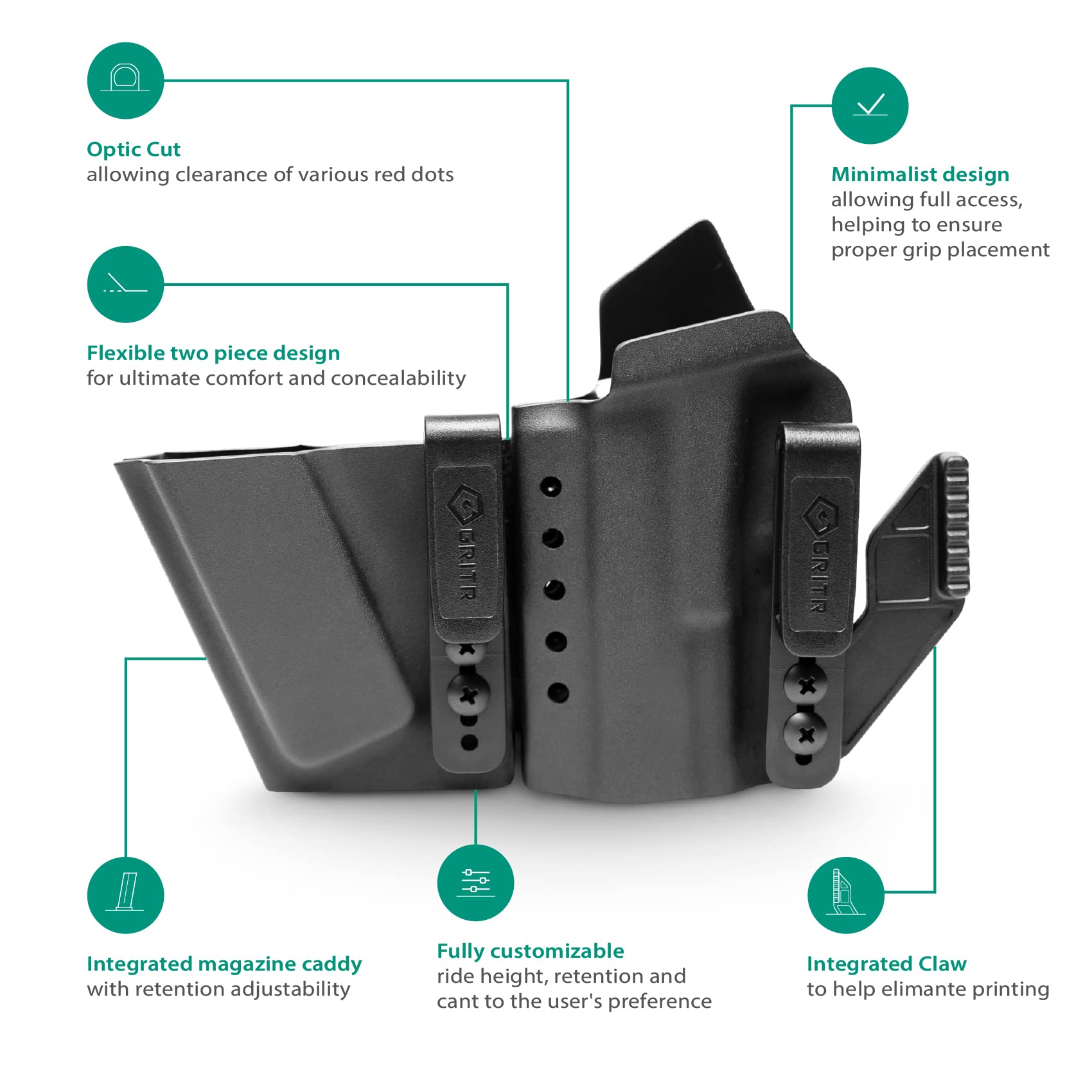 GRITR IWB Appendix Carry Kydex Left Hand Gun Holster Compatible with Glock 19 | Magazine Holder, Open Bottom, Optic Cut, Adjustable Retention