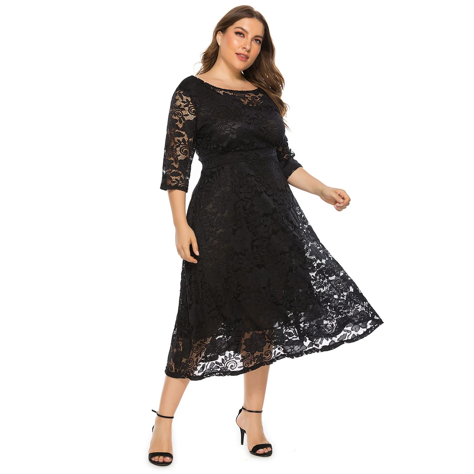 Odizli Abito da donna, elegante, con maniche a 3/4, in pizzo, per matrimoni, feste, da sera, taglie forti