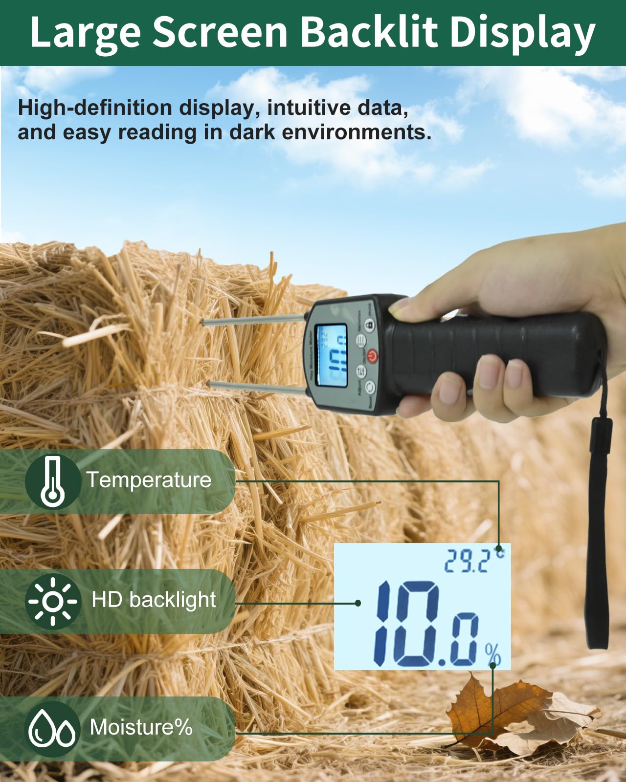 Probador portátil de humedad de heno, medidor de humedad de heno con sonda para monitoreo, sonda probadora de humedad para heno (probador de humedad de heno TK100)
