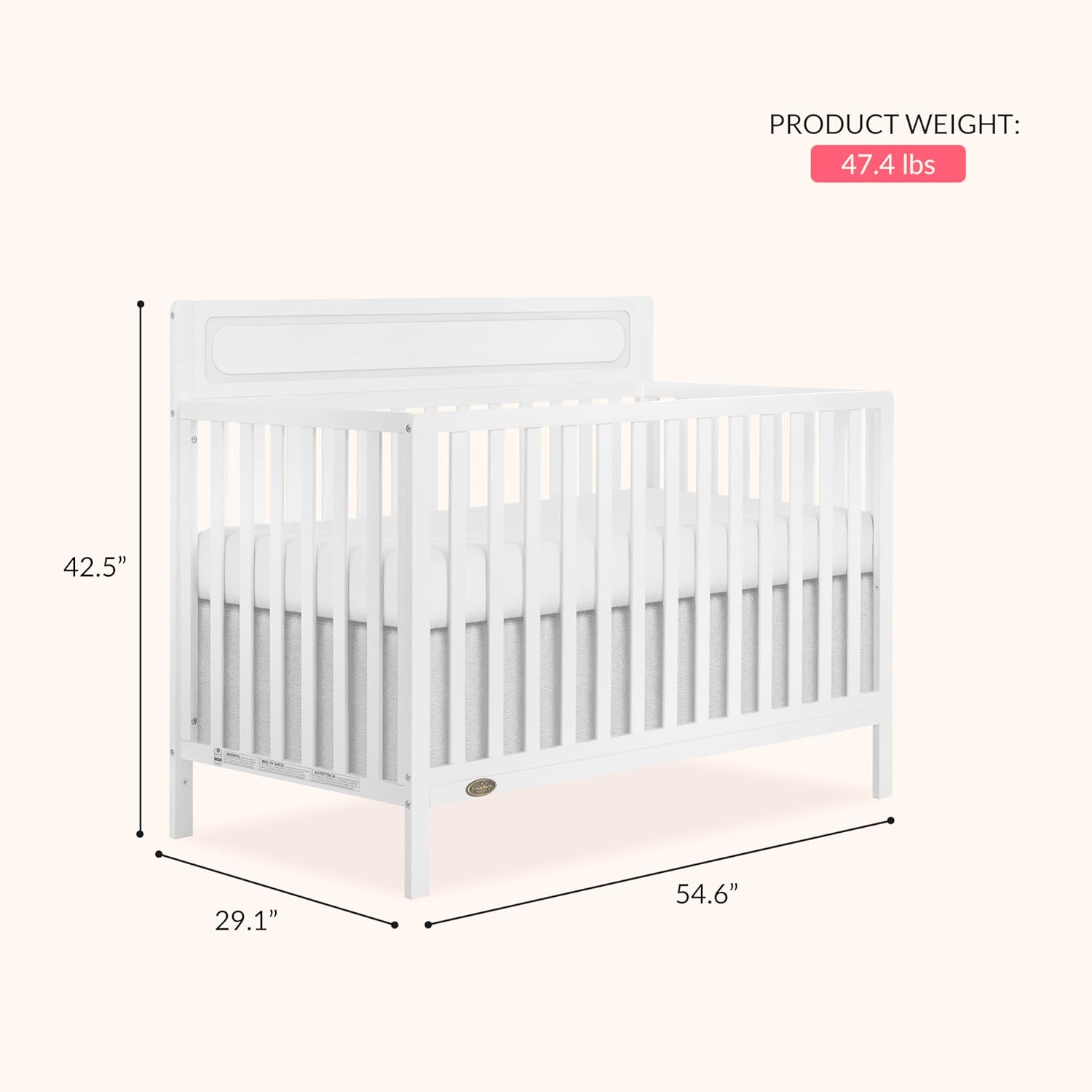 Diagram showing the dimensions of the Dream On Me Avery Crib: 54.6 inches length, 29.1 inches width, 42.5 inches height, and a product weight of 47.4 lbs.