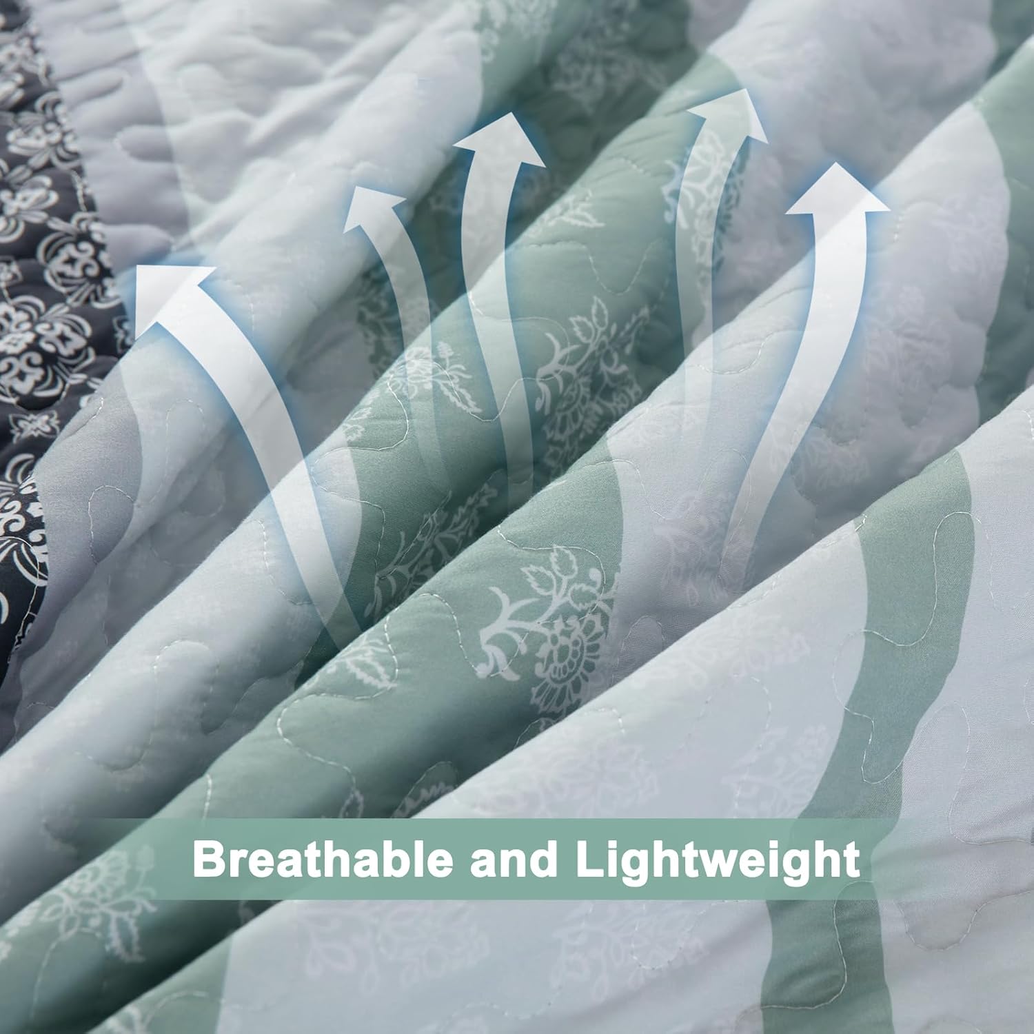 Luxudecor Quilts Queen Size Boho Sage Green Quilt Bedspreads Bedding Set, 3 Pieces Summer Queen Coverlet Sets with 2 Shams,Soft Lightweight Striped Patchwork Quilt for Bed 96"x90"