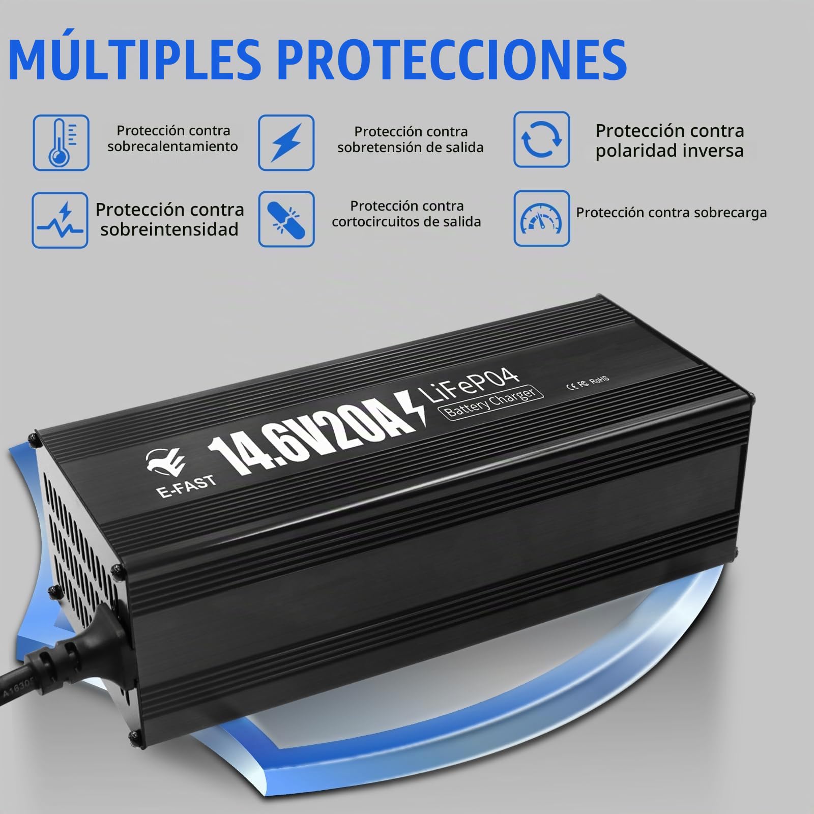 Cargador de batería de 12 V y 20 A, Cargador de batería LiFePO4 de 14,6 V, Especial para baterías Recargables de Ciclo Profundo de Litio