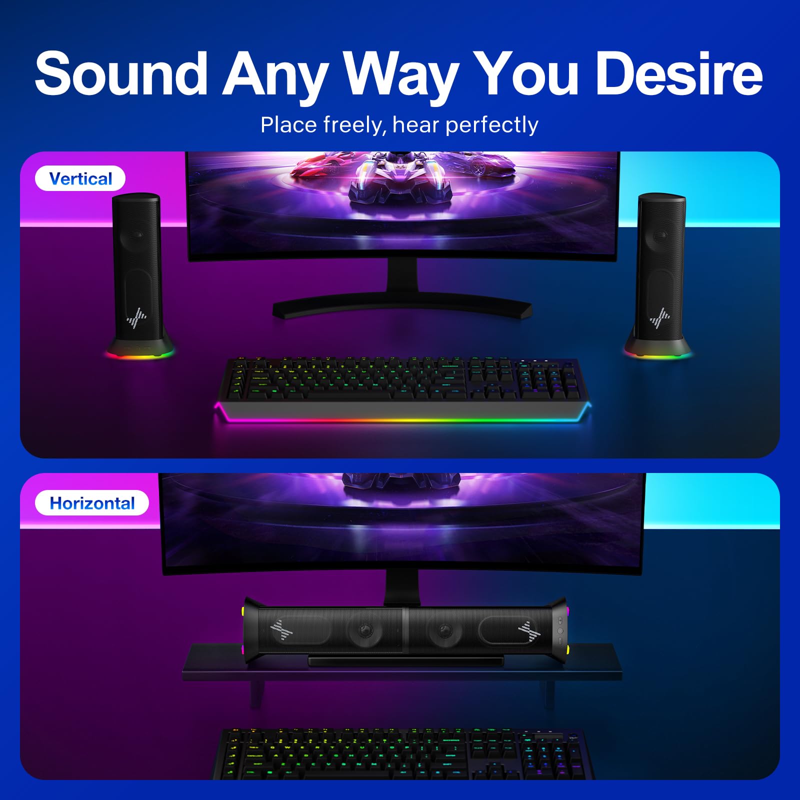 Nylavee Altoparlanti per computer – Altoparlanti stereo Hi-Fi per PC con 9 modalità di illuminazione LED, bassi e suoni migliorati, alimentati tramite USB/Type-C e altoparlanti da tavolo cablati audio