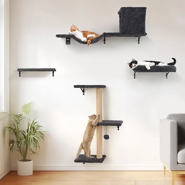 FUKUMARU Cat Wall Shelves, Stable & Safe 4 in 1 Cat Furniture Set, Wooden Climbing Wall with Scratching Post for 16 Inch Drywall - Gray