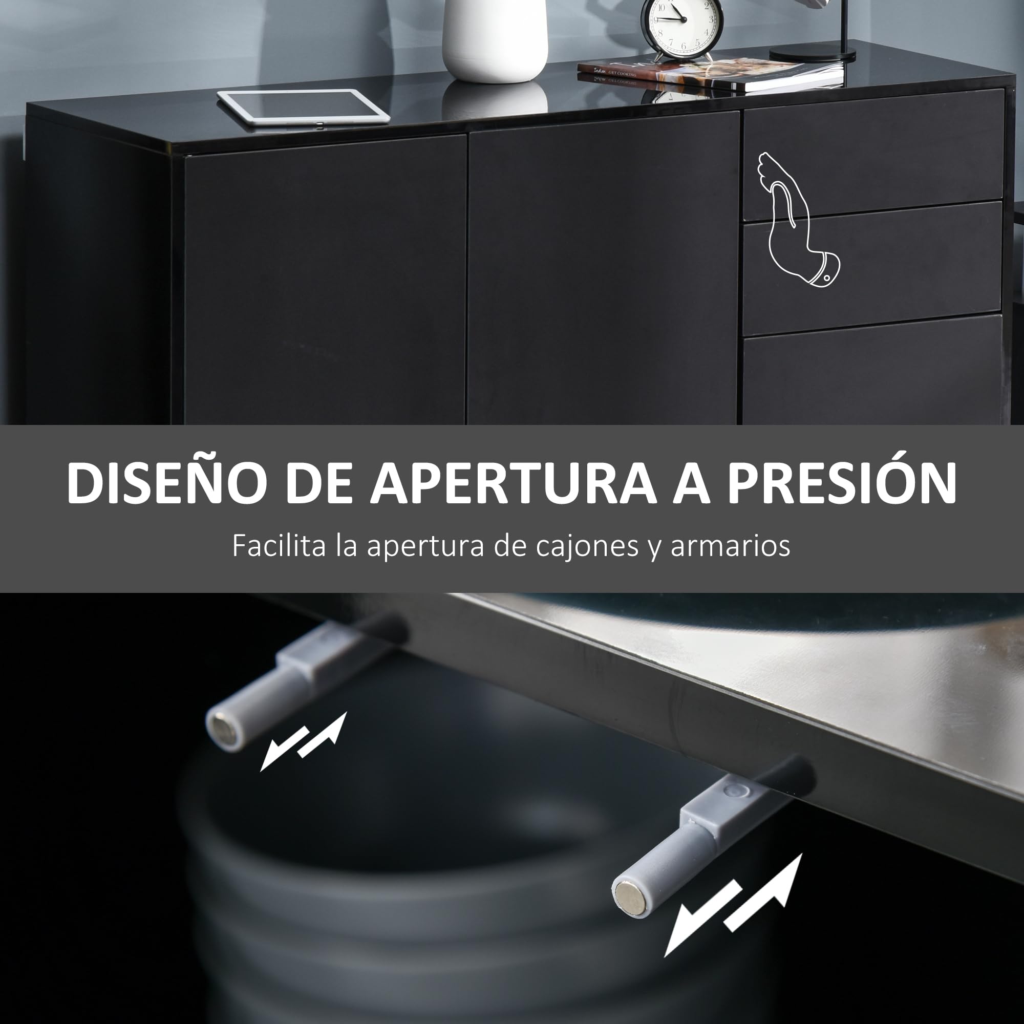 HOMCOM Mobiletto Multiuso Nero con 2 Cassetti e 2 Armadietti ad Apertura a Pressione, 117x36x74cm