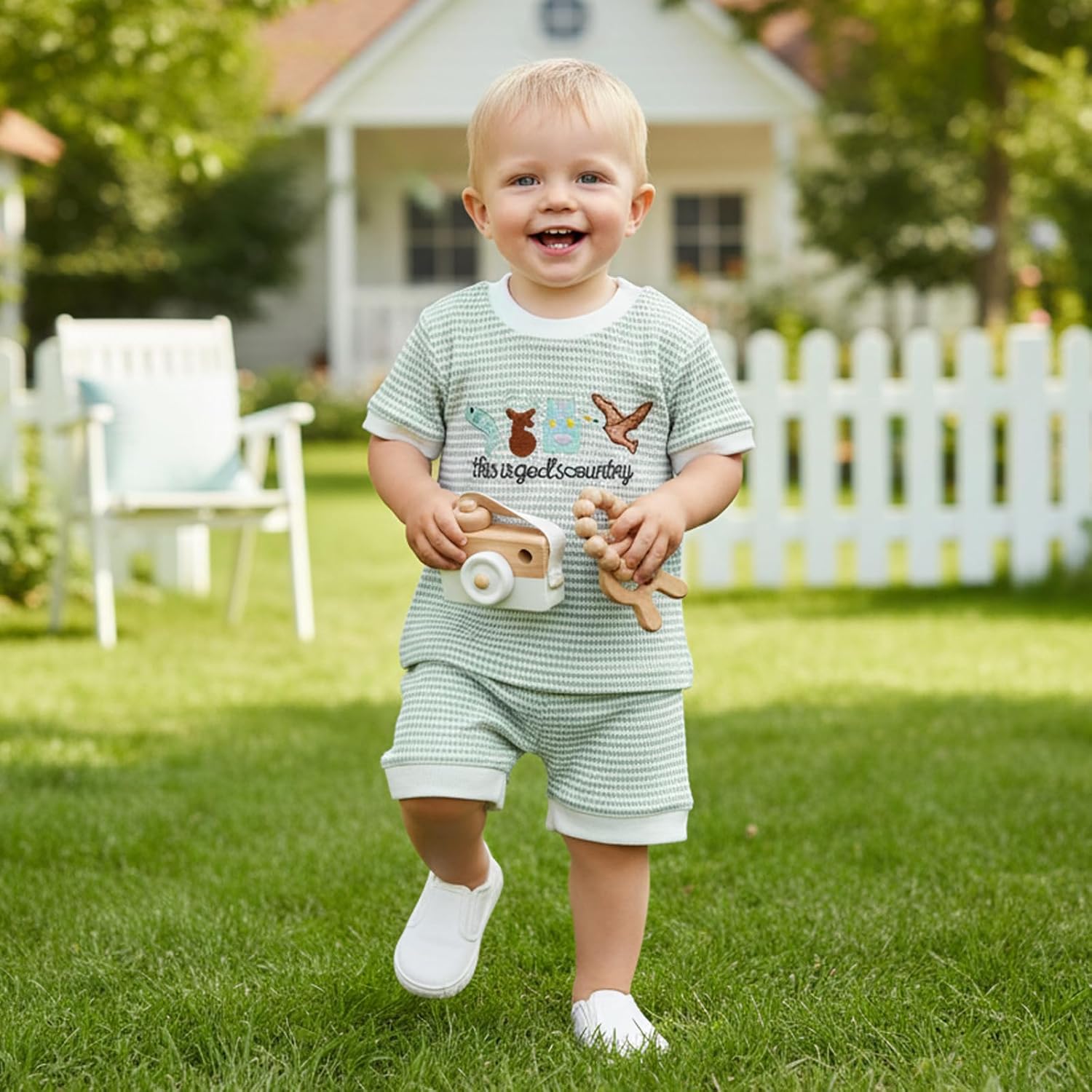 Summer Toddler Baby Boy Hunting Outfit This Is Gods Country Waffle Striped Short Sleeve Shirt Shorts Clothes Set - Image 7