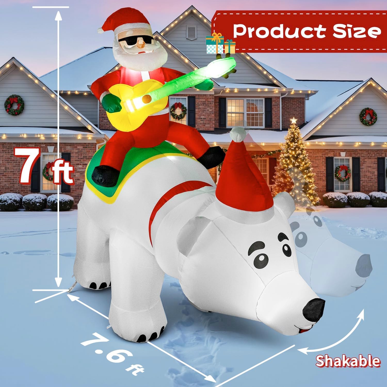 Oso inflable de Navidad de 7 pies con cabeza temblorosa y música, decoración de patio inflable con luces LED para Navidad, fiesta, interior, jardín, césped