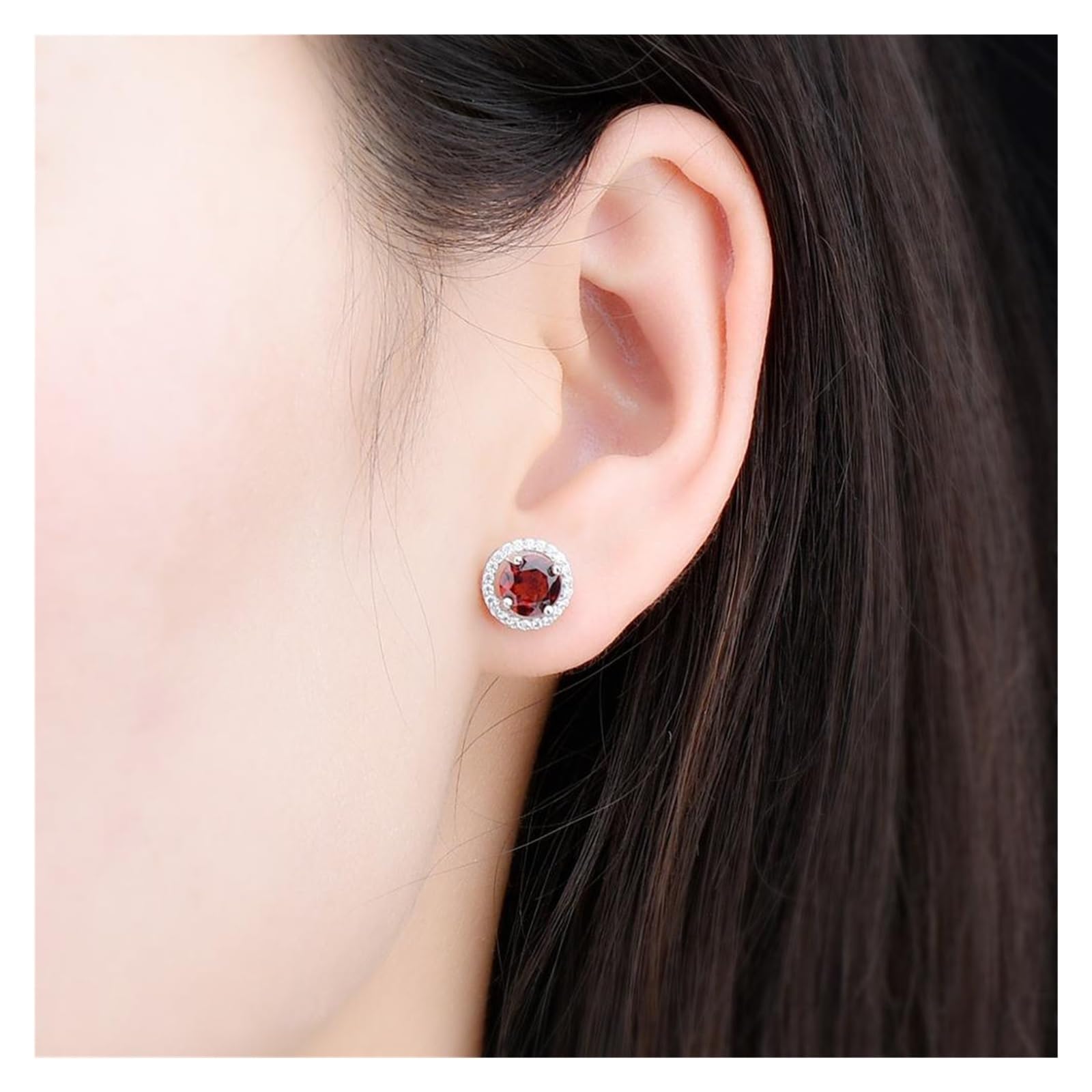BAFAFA Orecchini a bottone in argento 925 con granato rotondo Pietra preziosa rossa naturale Solido argento sterling 925 Gioielli con zirconi cubici for le donne
