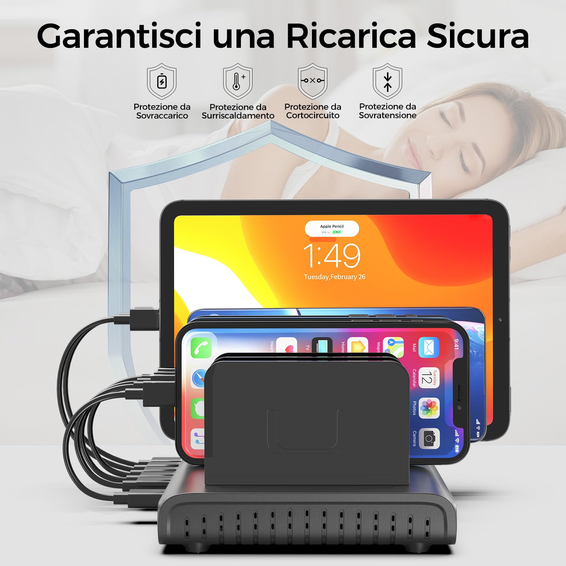 Alxum Stazione di Ricarica USB 10 Porte 60W, Multi Caricatore USB con Display LED, 8×USB-C e 2×USB-A, Smart Charging Station per iPhone, iPad, Phone, Tablet, Android, Ideale per Casa, Ufficio e Scuole