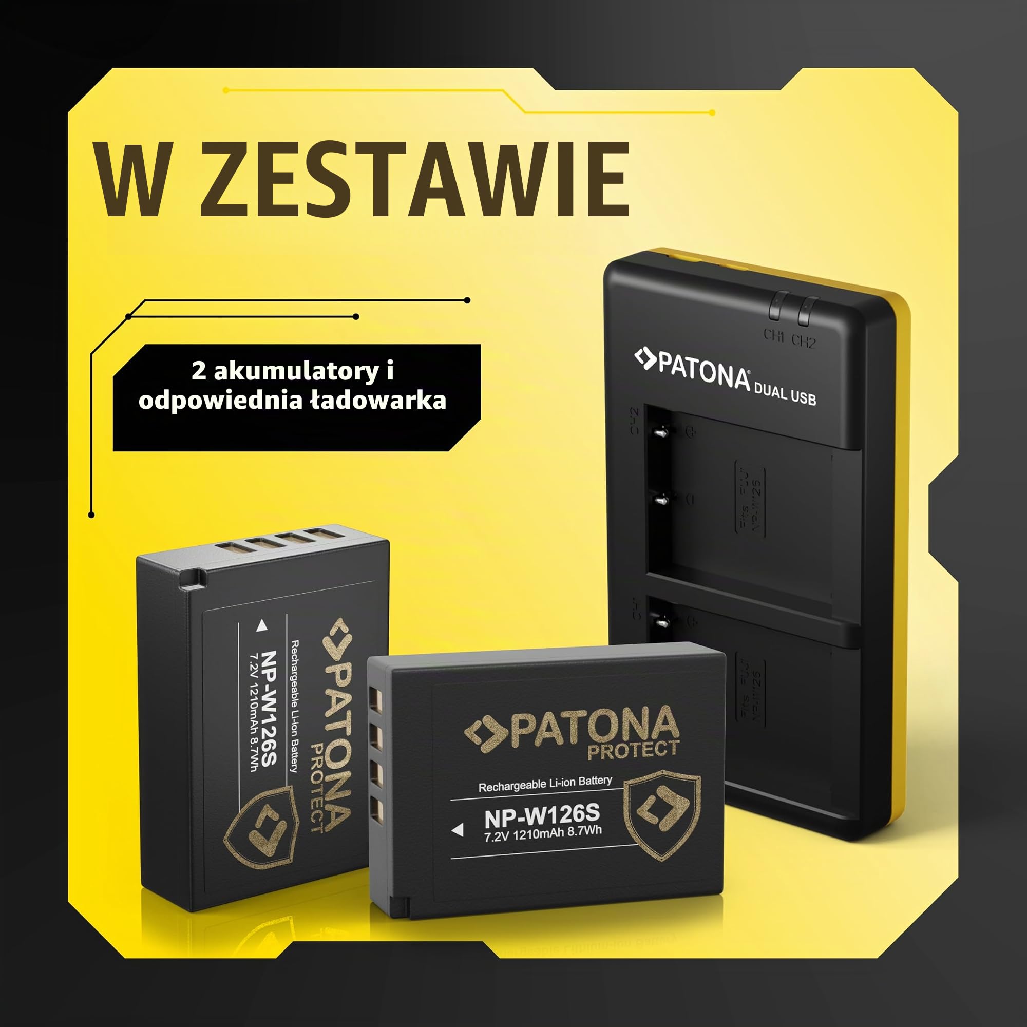 PATONA Zestaw Dual Ładowarka USB-C z 2X NP-W126S Protect, 1210mAh