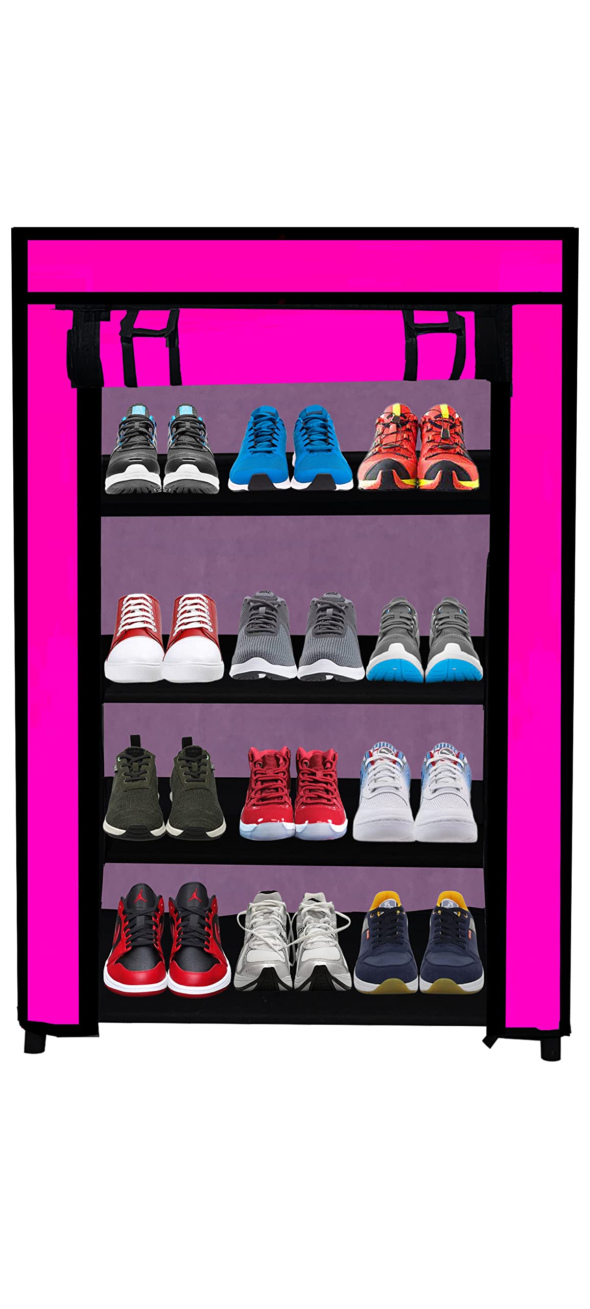 ROBMOB Premium 4-Tiers Shoe Rack/ Multipurpose Storage Rack with Dustproof Cover (Iron Pipes, Non Woven Fabric, Plastic Connector) Pink