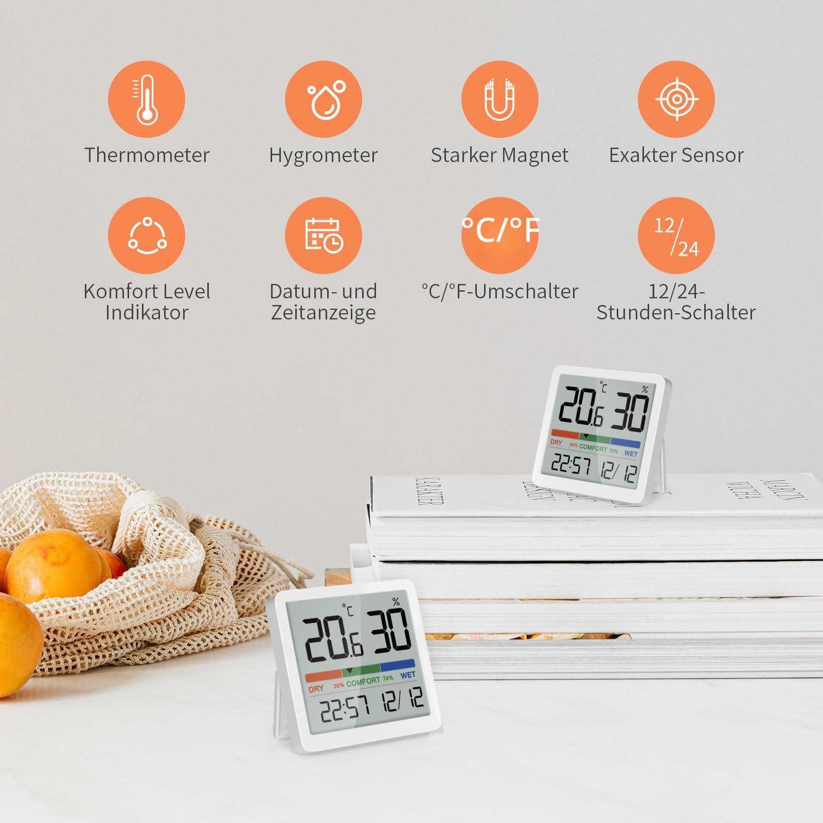 NOKLEAD Digital Thermometer Hygrometer-Innen Thermo Hygro Mini Raumthermometer Temperatursensor Feuchtigkeitsmesser mit Komfortanzeige ℃/℉ Umschaltbar,Datum 12/24Hr Uhr Kalibrierung,2 Stück