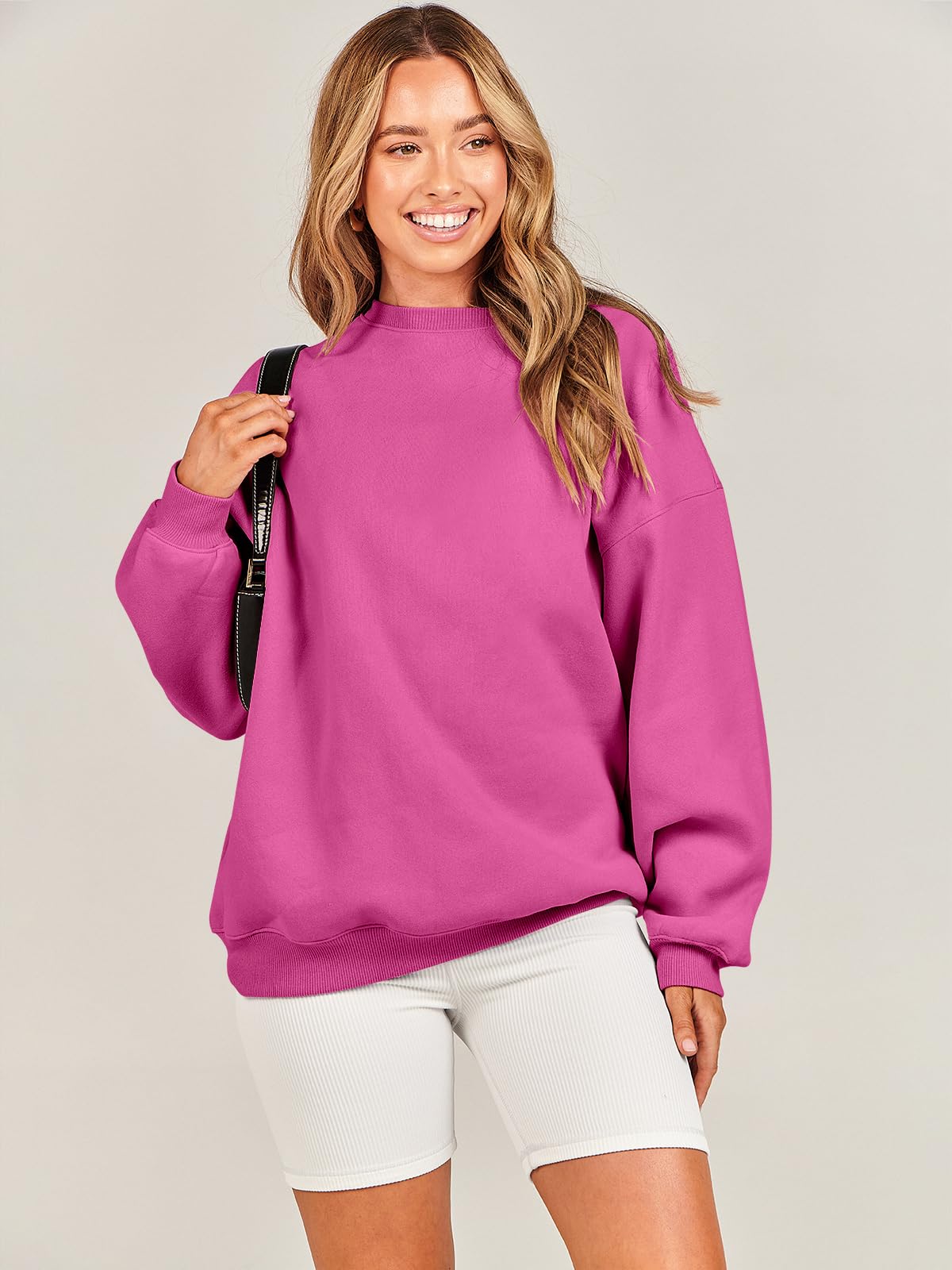 Damskie bluzy oversize bluzy z kapturem polar okrągły dekolt sweter top codzienne jesienne stroje preppy ubrania nastolatki 2024 A1019 światło, Jeden kolor, Light Pink_X-Small