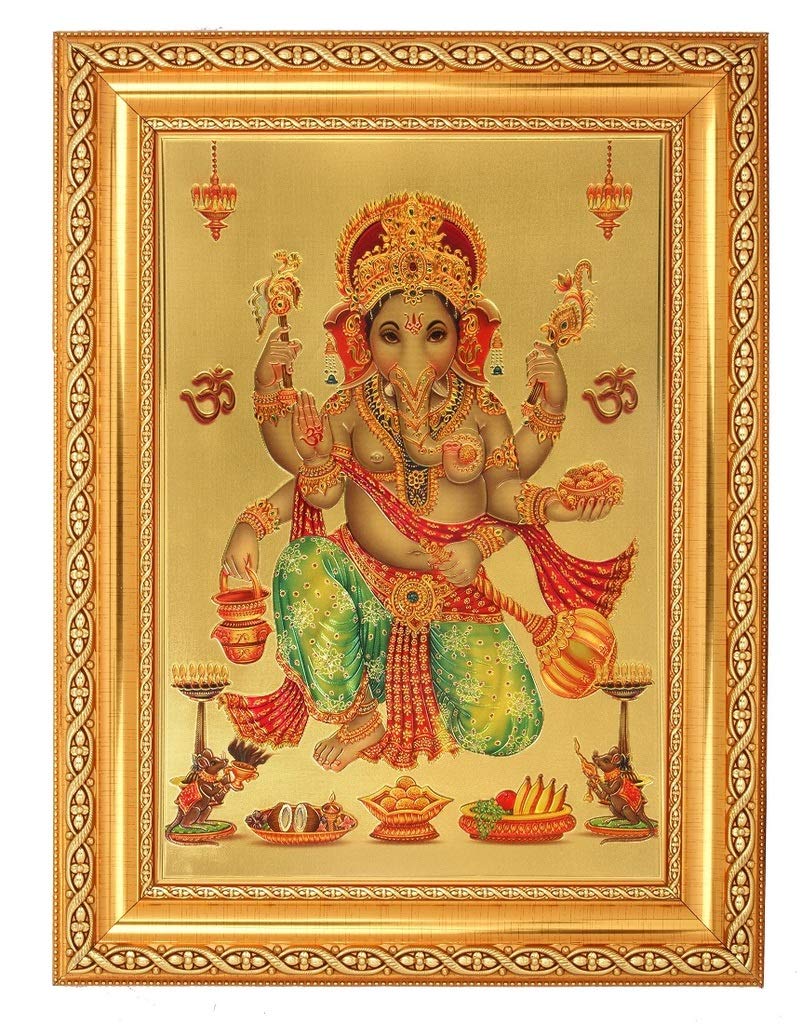 Photo de Shree Ganesha avec cadre doré 28x35 cm pour décoration indienne