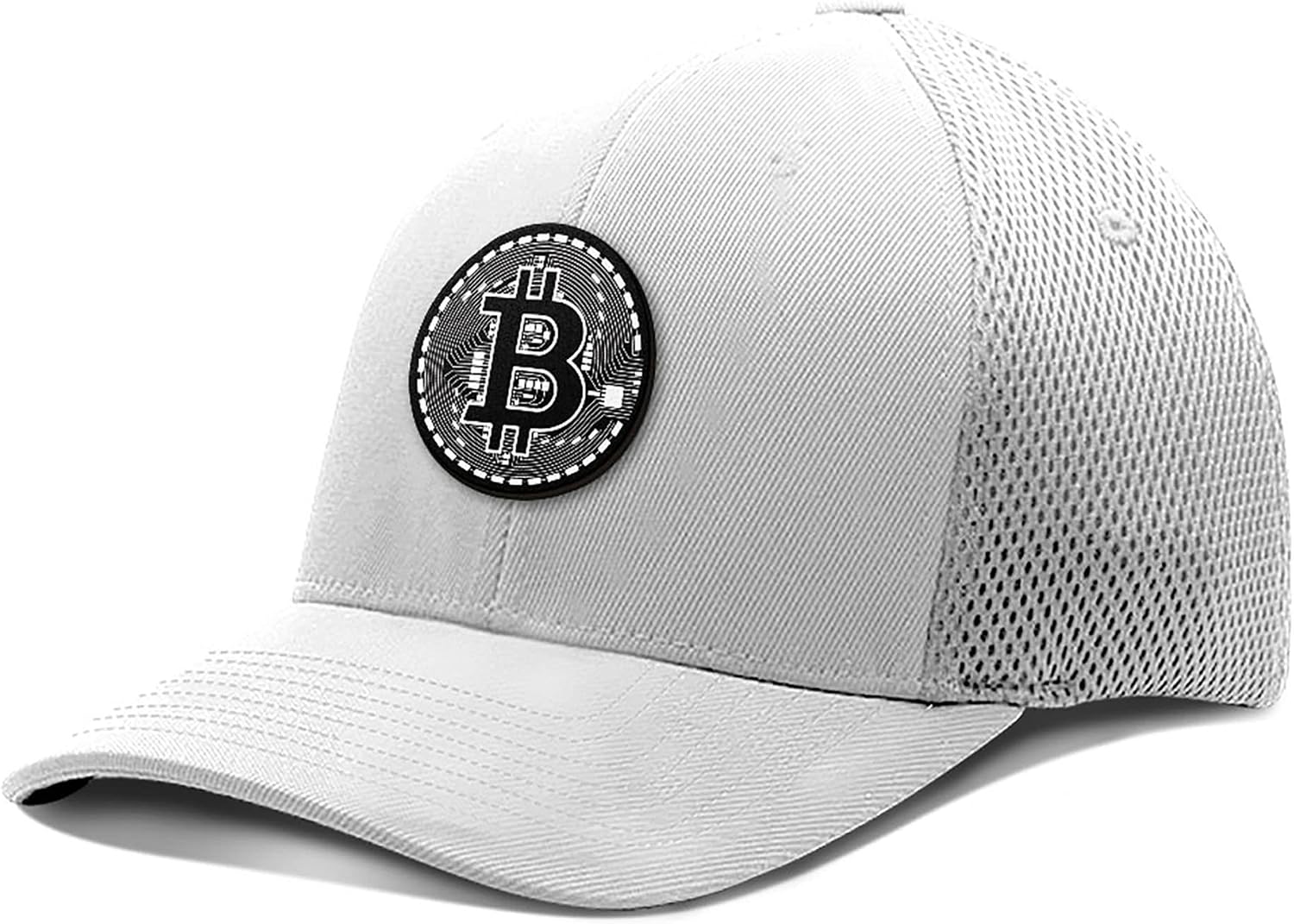 BustedTees Bitcoin Black and White Patch Fitted Hat Cryptocurrency Trading Baseball Cap (White, Medium, m)