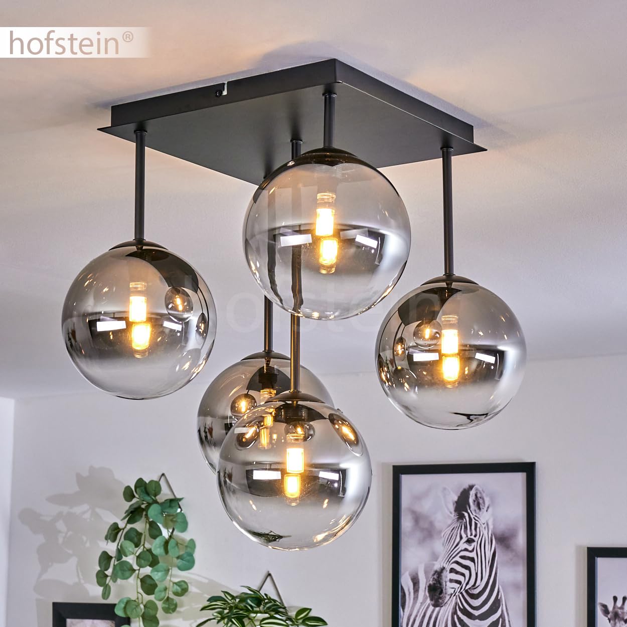 HOFSTEIN Deckenleuchte Chehalis, 5-flammige Deckenlampe aus Metall/Glas in Schwarz/Rauchfarben/Klar, Leuchte im Retro/Vintage-Design, Ø Schirme 15 cm, G9, Esszimmer, Schlafzimmer, Wohnzimmer, Küche